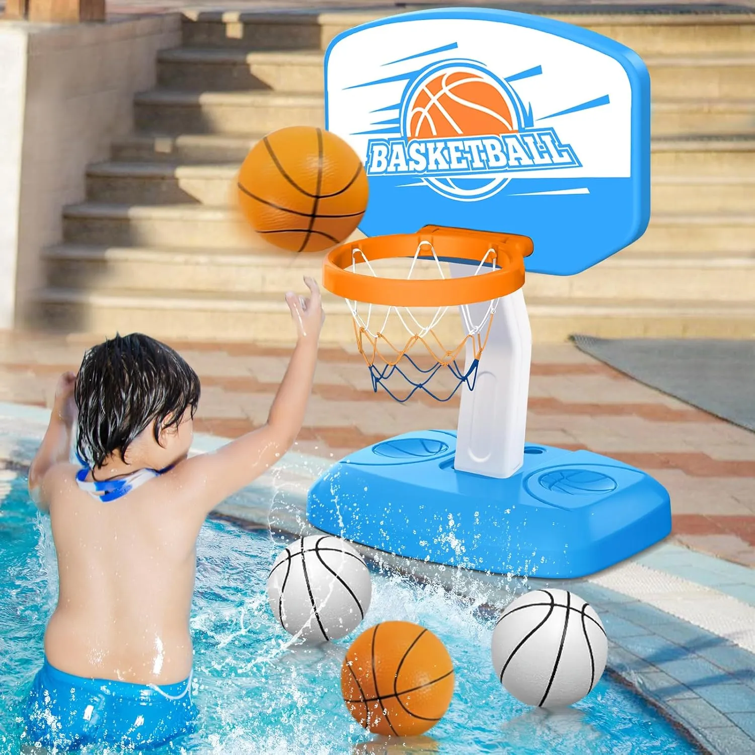 Kids Height Adjustable Basketball Hoop, with 4 Balls & Pump for Indoor Outdoor, Poolside Basketball Hoop for Swimming Pool, Basketball Toy for Boys Girls