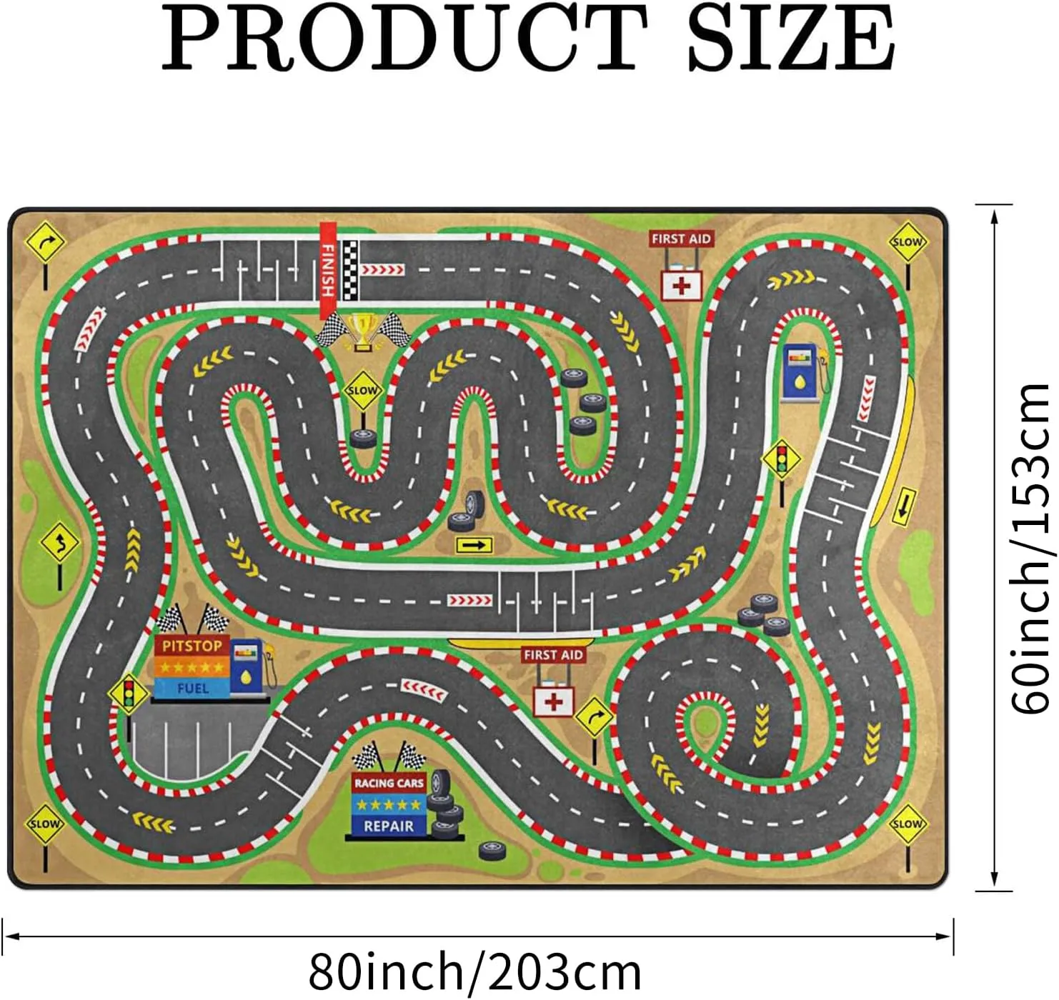 Kids Rug, Race Track Playmat Rugs - 5x7 Ft Kids Carpet with Rubber Backing, Start and Finish line Racing Track Marking Car or Karting Road Race 3D Play Mat Nursery Rugs for Children Bedroom Playroom