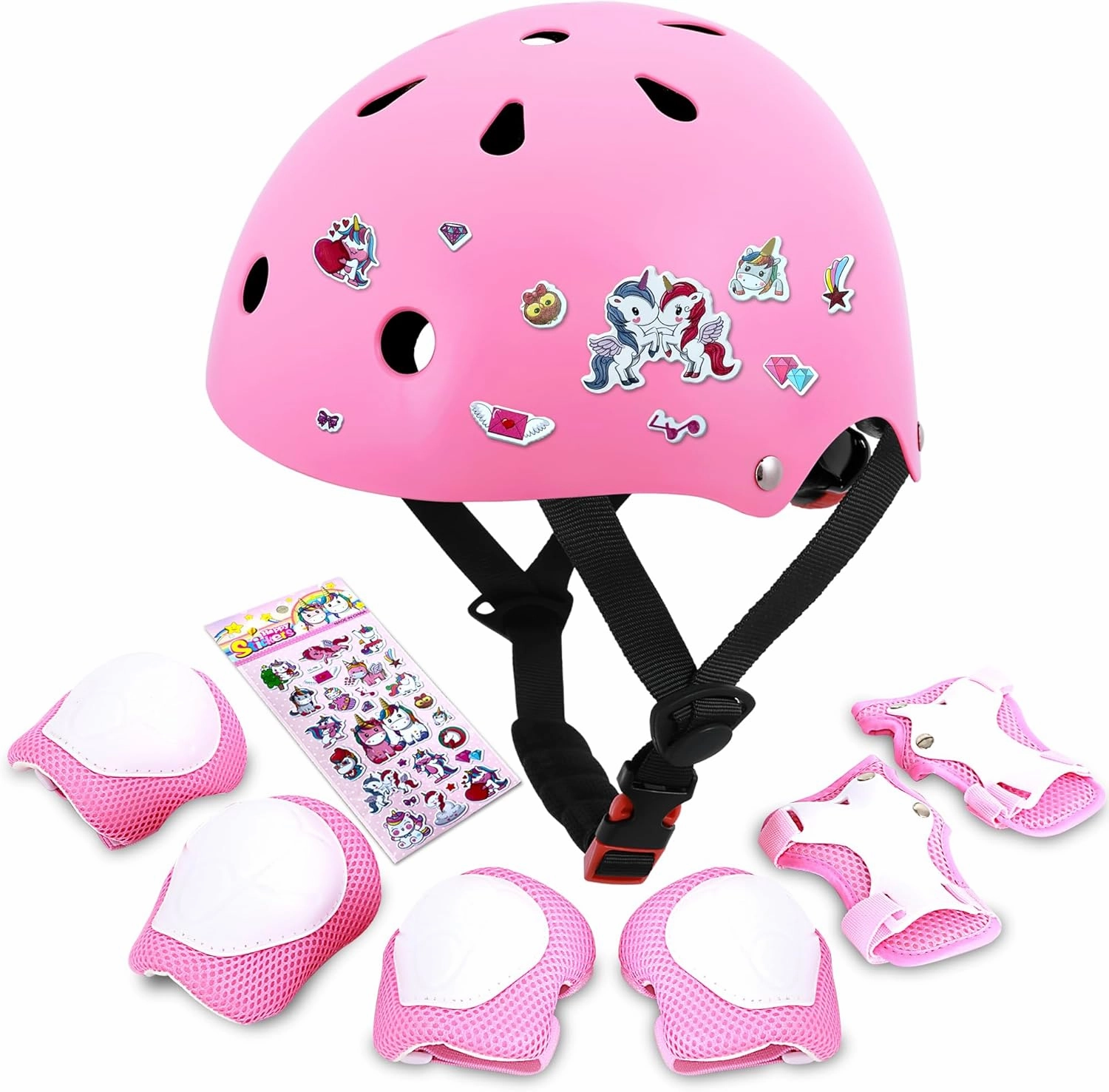 Kids Bike Helmet with DIY Stickers and Knee Pads Elbow Pads Wrist Guard Set for Ages 3-5-8 Toddler Boys Girls Helmet for Roller Skates Cycling Skateboarding Bicycle Scooter