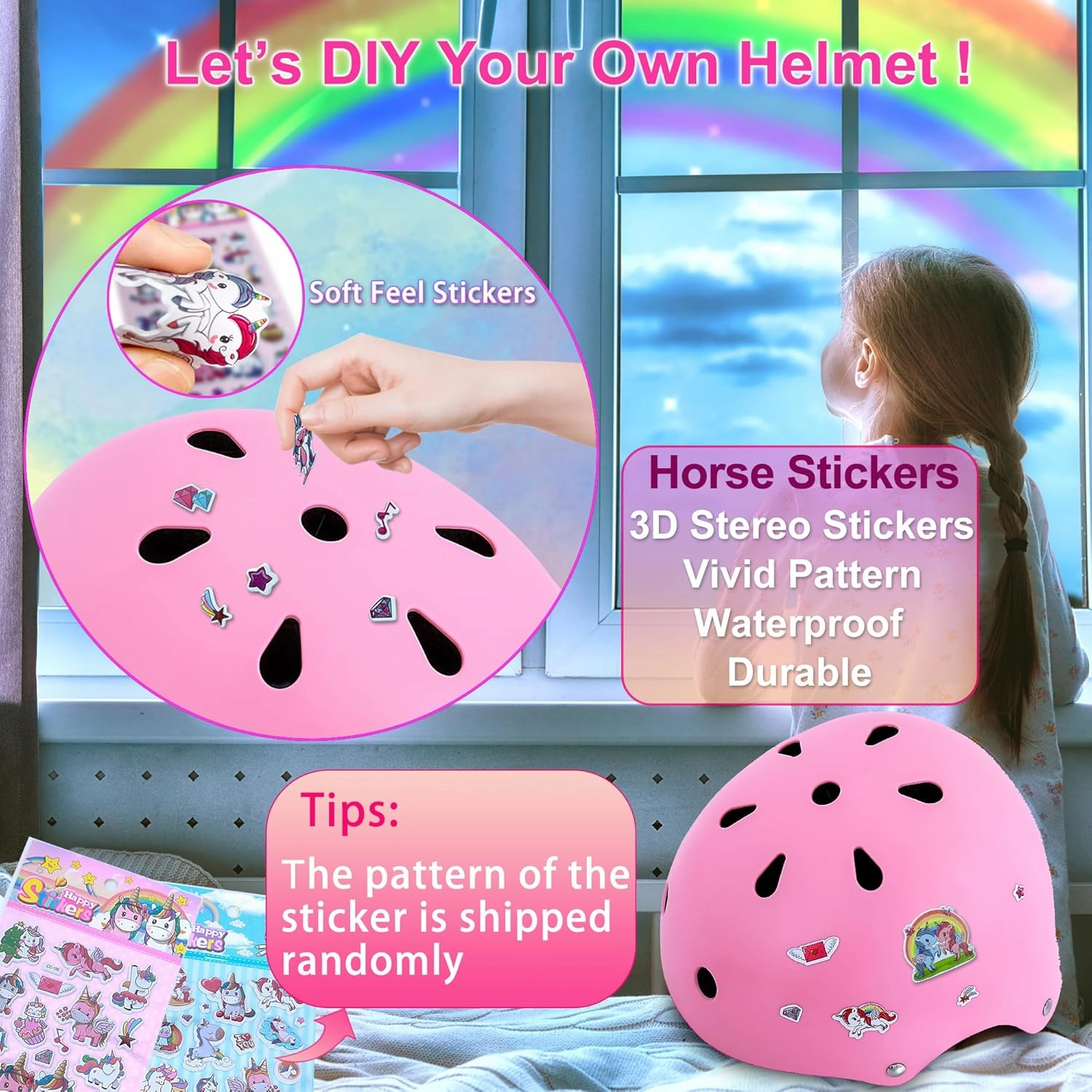 Kids Bike Helmet with DIY Stickers and Knee Pads Elbow Pads Wrist Guard Set for Ages 3-5-8 Toddler Boys Girls Helmet for Roller Skates Cycling Skateboarding Bicycle Scooter