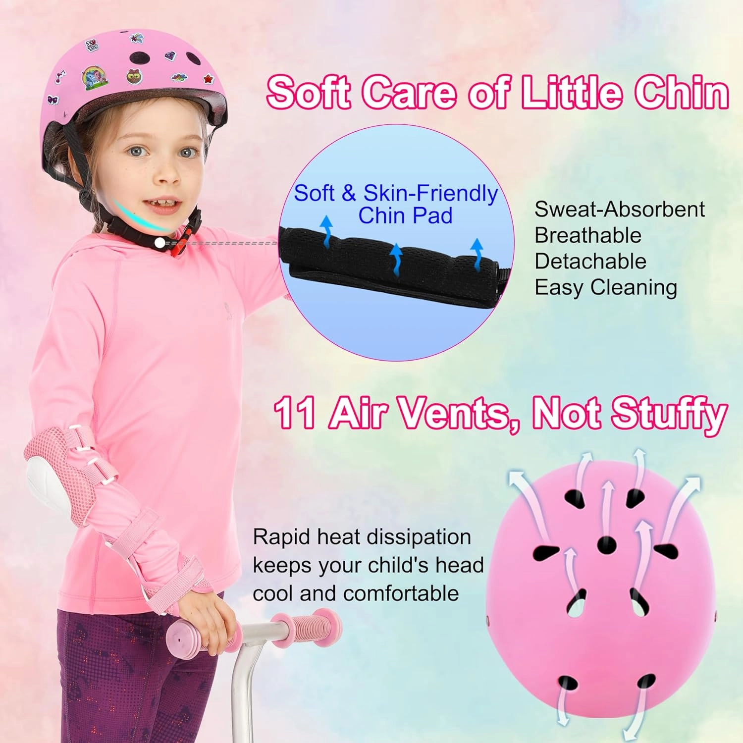 Kids Bike Helmet with DIY Stickers and Knee Pads Elbow Pads Wrist Guard Set for Ages 3-5-8 Toddler Boys Girls Helmet for Roller Skates Cycling Skateboarding Bicycle Scooter