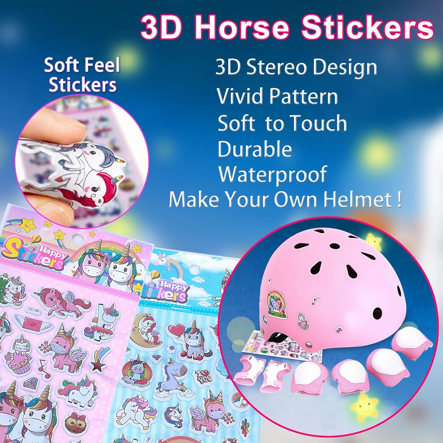 Kids Bike Helmet with DIY Stickers and Knee Pads Elbow Pads Wrist Guard Set for Ages 3-5-8 Toddler Boys Girls Helmet for Roller Skates Cycling Skateboarding Bicycle Scooter