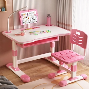 Kids Study Desk Chair Set,Adjustable Height Children's Study Table with LED Table Light & Tiltable Reading Stand,Toddlers Writing Table Ergonomic Study Station Bedroom Children Learning Table Pink