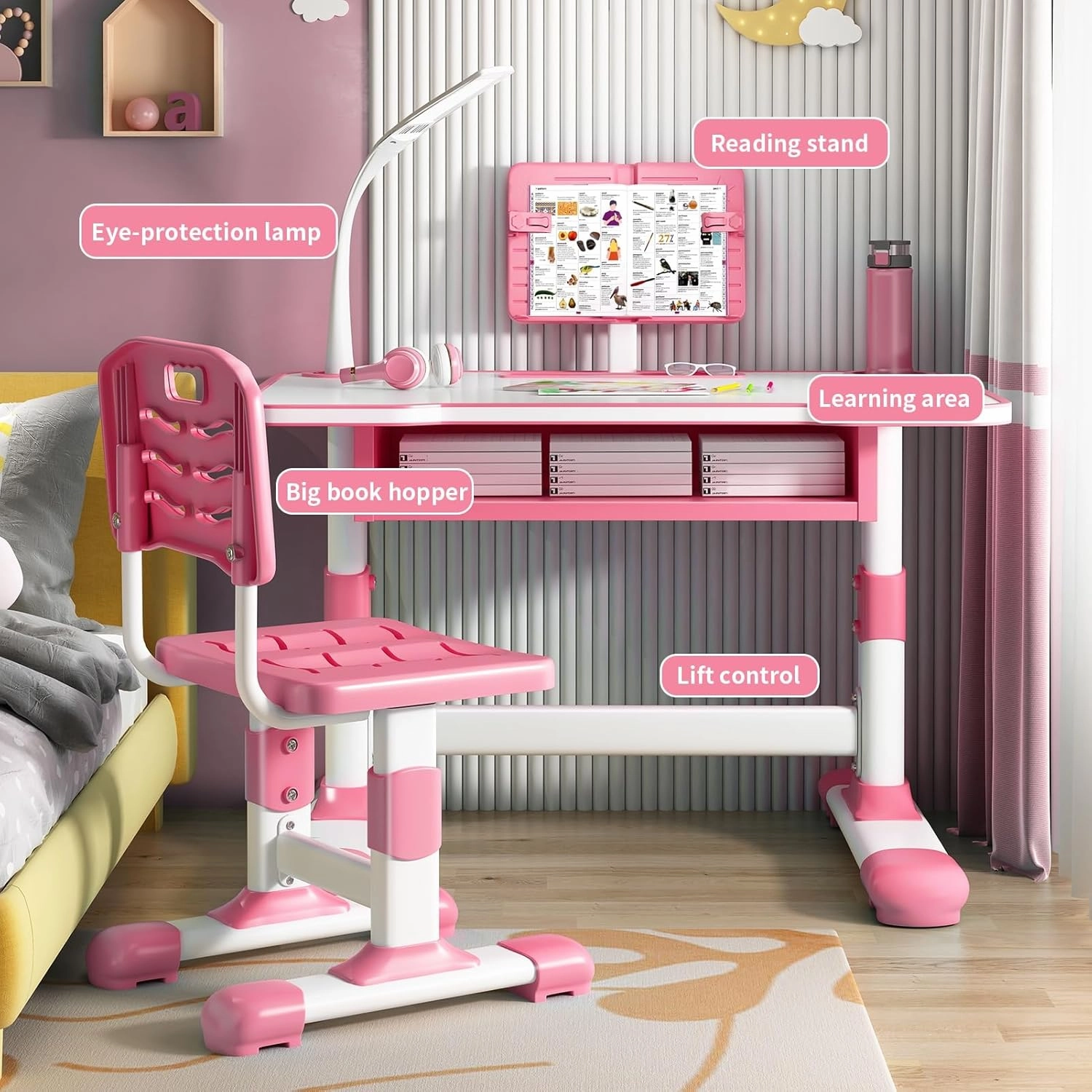 Kids Study Desk Chair Set,Adjustable Height Children's Study Table with LED Table Light & Tiltable Reading Stand,Toddlers Writing Table Ergonomic Study Station Bedroom Children Learning Table Pink