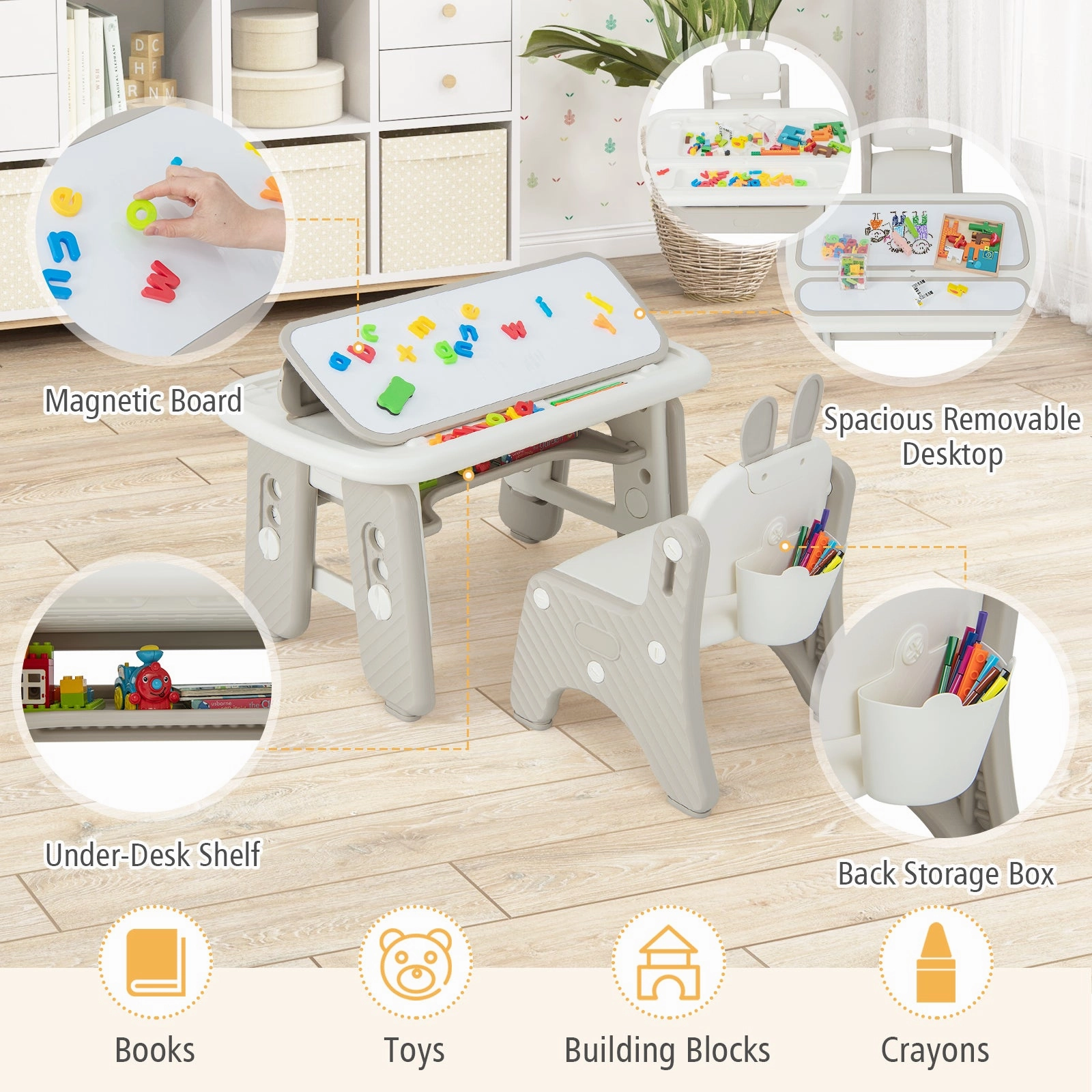 Kids Table and Chair Set with Flip-Top Bookshelf-Gray