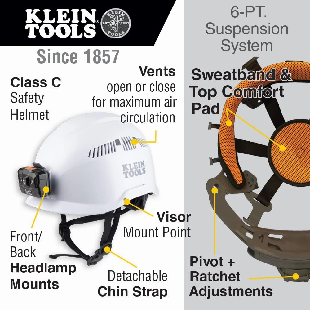 Klein Tools Safety Helmet, Vented Class C Safety Hard Hat, Removable Chin Strap, Adjustable Vents