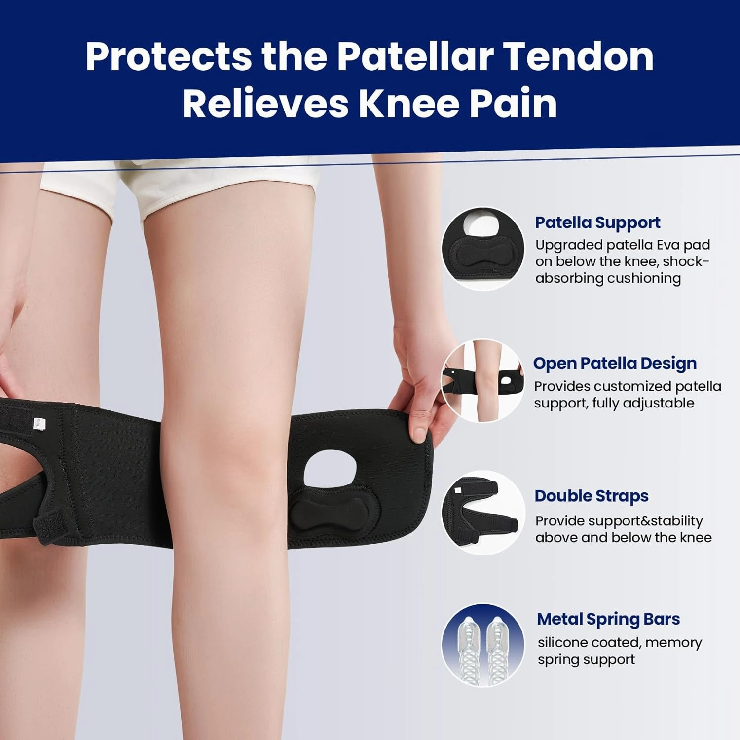 Knee Brace for Patellar Tendon, Adjustable Patellar Knee Support with Side Stabilizers for Patellar Tendonitis, Arthritis, Knee Pain Relief Injury Recovery, Daily Running, Women and Men