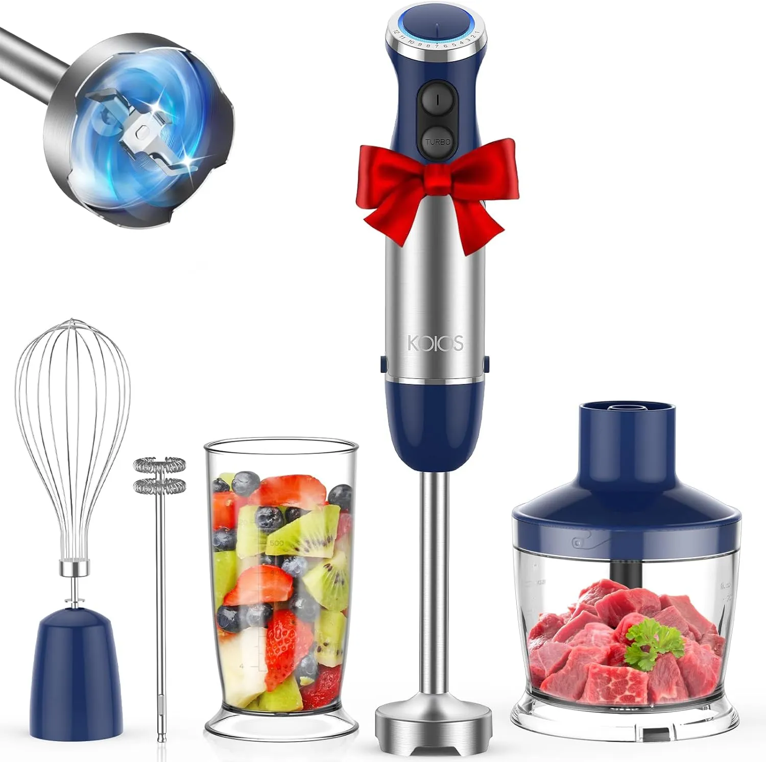 KOIOS 5-in-1 Hand Immersion Blender, 12 Speed Emulsifier, Copper Motor, Stainless Steel Blade, Blue