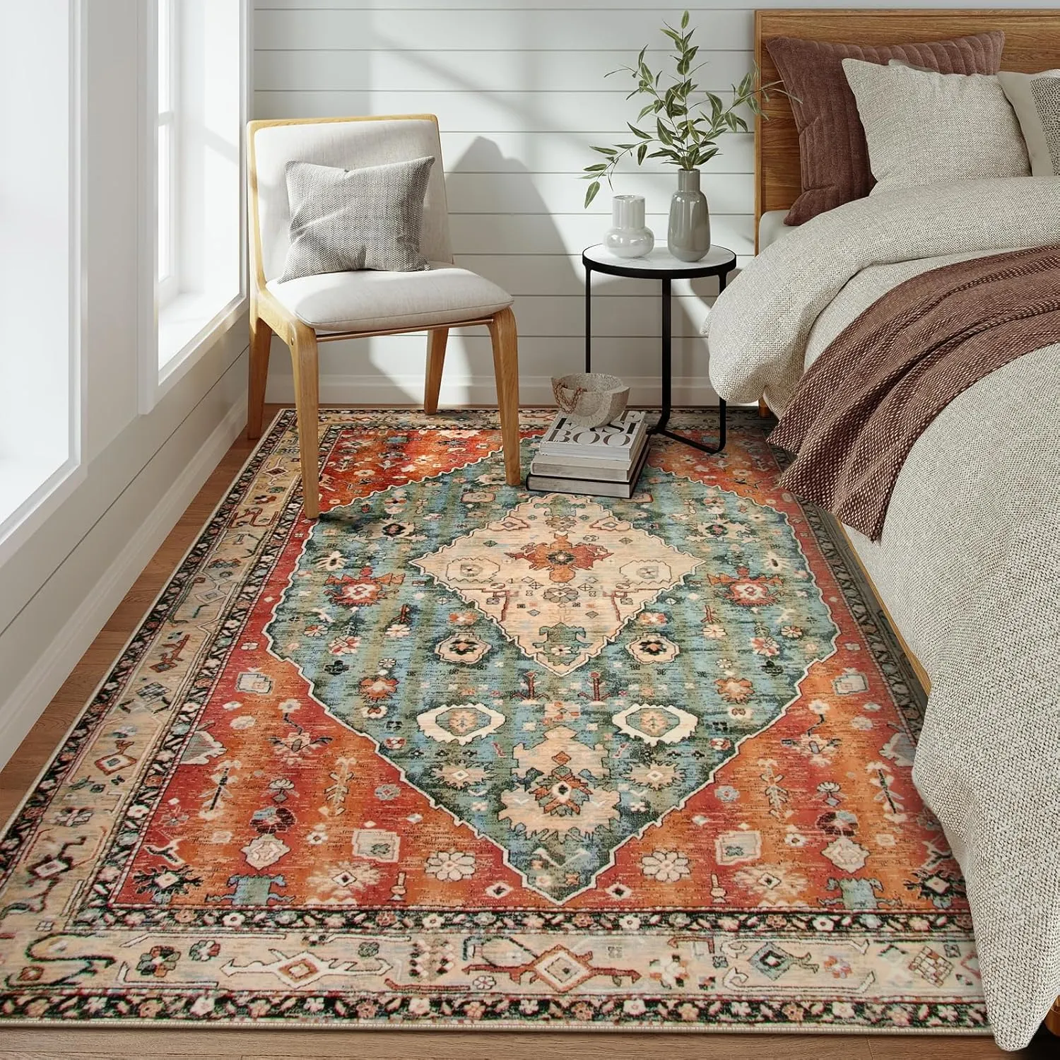 Lahome Boho Tribal 5x7 Washable Living Room Bedroom Rug, Oriental Soft Dining Room Rugs for Under Table, Large Distressed Printed Carpet for Entryway Kitchen Playroom (Rust/Dull Teal,5x7ft)