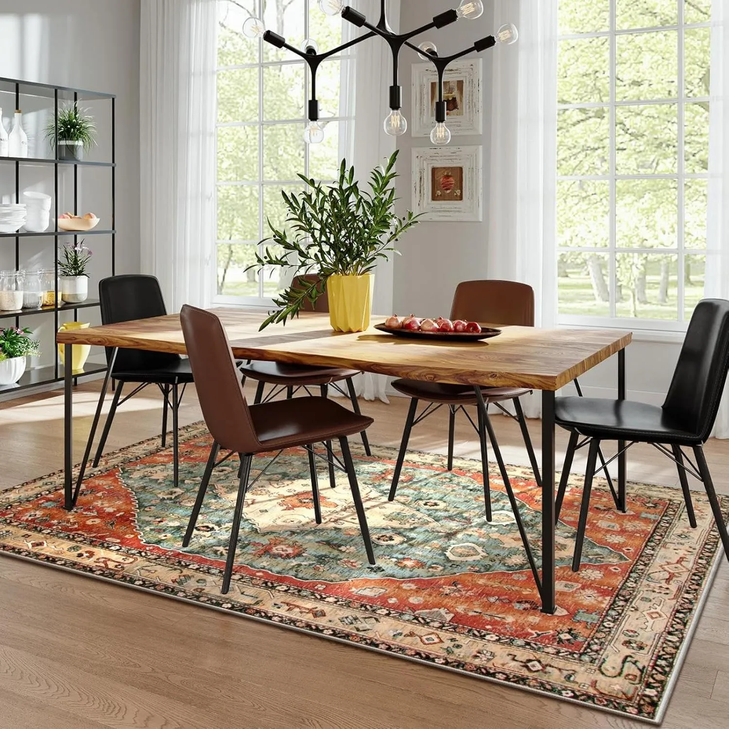 Lahome Boho Tribal 5x7 Washable Living Room Bedroom Rug, Oriental Soft Dining Room Rugs for Under Table, Large Distressed Printed Carpet for Entryway Kitchen Playroom (Rust/Dull Teal,5x7ft)