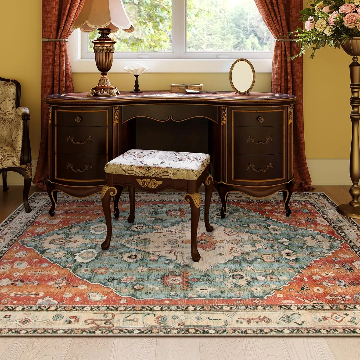 Lahome Boho Tribal 5x7 Washable Living Room Bedroom Rug, Oriental Soft Dining Room Rugs for Under Table, Large Distressed Printed Carpet for Entryway Kitchen Playroom (Rust/Dull Teal,5x7ft)
