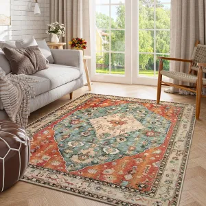 Lahome Boho Tribal 5x7 Washable Living Room Bedroom Rug, Oriental Soft Dining Room Rugs for Under Table, Large Distressed Printed Carpet for Entryway Kitchen Playroom (Rust/Dull Teal,5x7ft)
