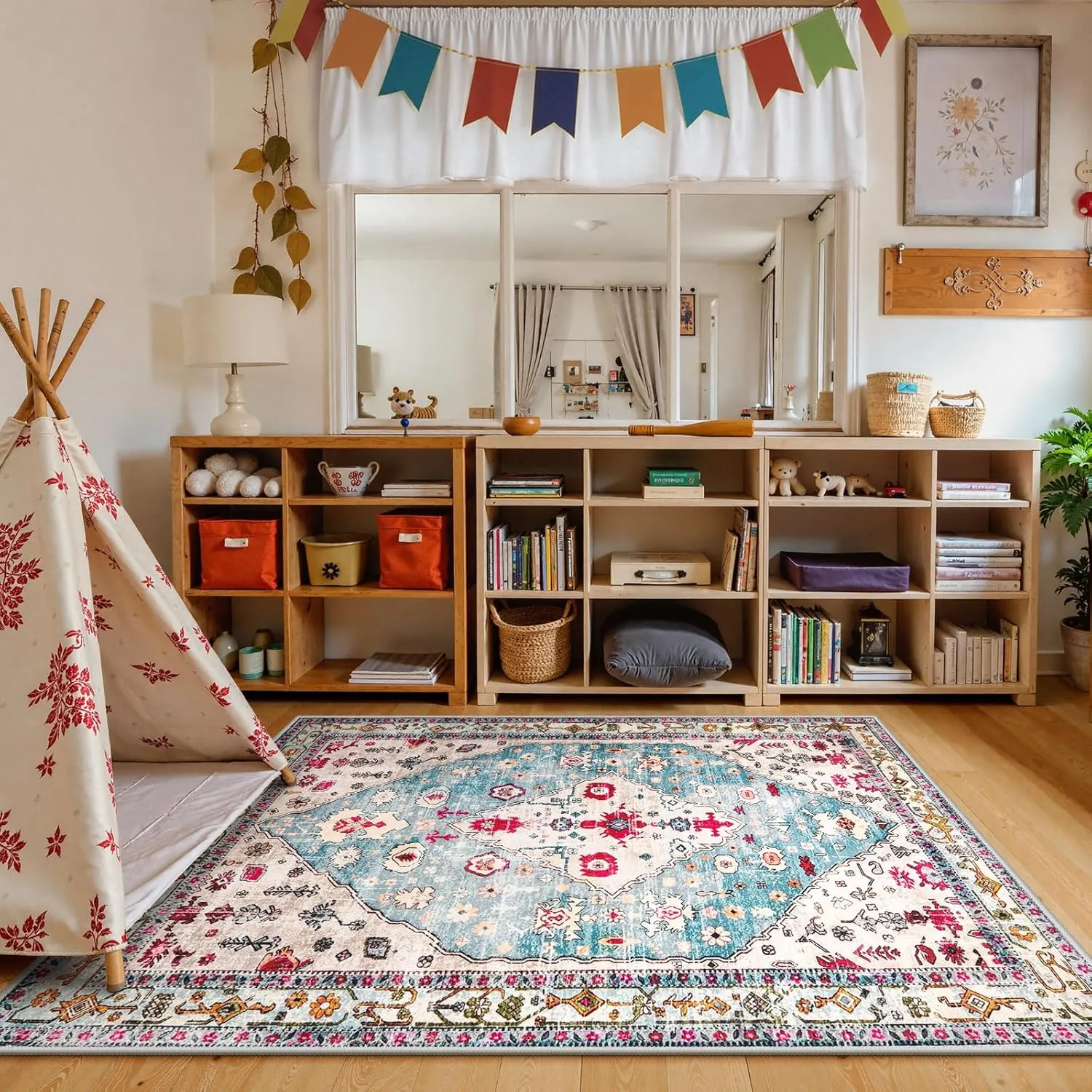 Lahome Boho Tribal Area Rug - 5x7 Aqua Large Rugs for Bedroom Washable Rug for Living Room, Distressed Soft Non Slip Indoor Throw Dining Room Carpet for Apartment Coffee Table Sunroom Office