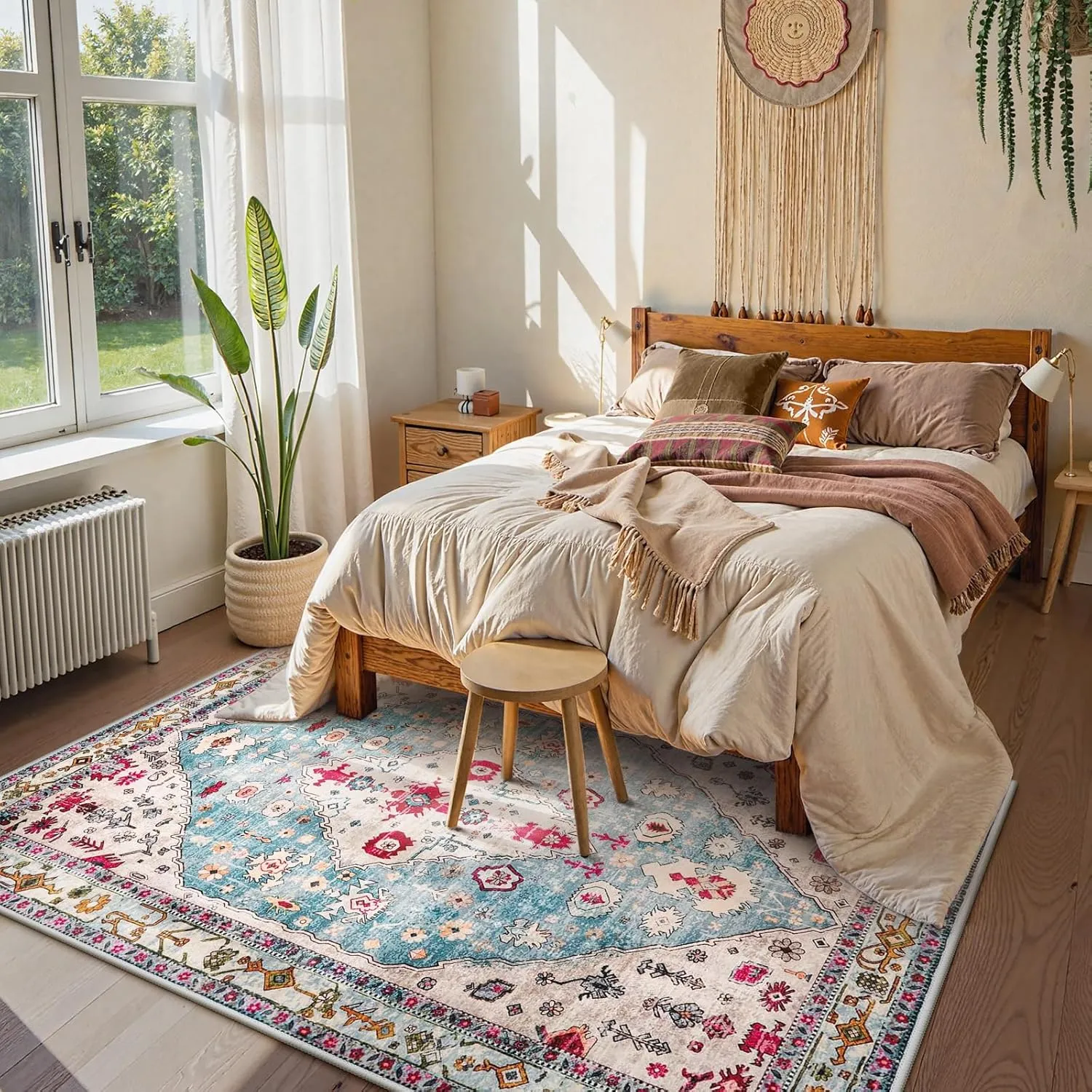 Lahome Boho Tribal Area Rug - 5x7 Aqua Large Rugs for Bedroom Washable Rug for Living Room, Distressed Soft Non Slip Indoor Throw Dining Room Carpet for Apartment Coffee Table Sunroom Office