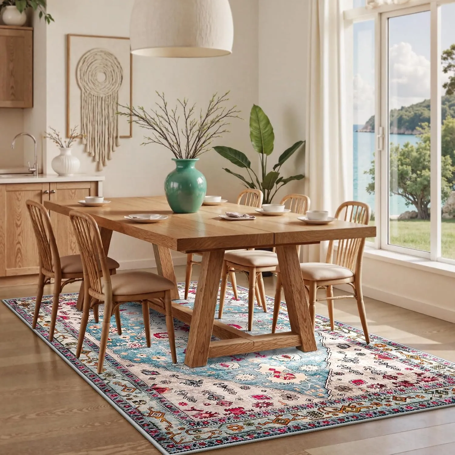 Lahome Boho Tribal Area Rug - 5x7 Aqua Large Rugs for Bedroom Washable Rug for Living Room, Distressed Soft Non Slip Indoor Throw Dining Room Carpet for Apartment Coffee Table Sunroom Office
