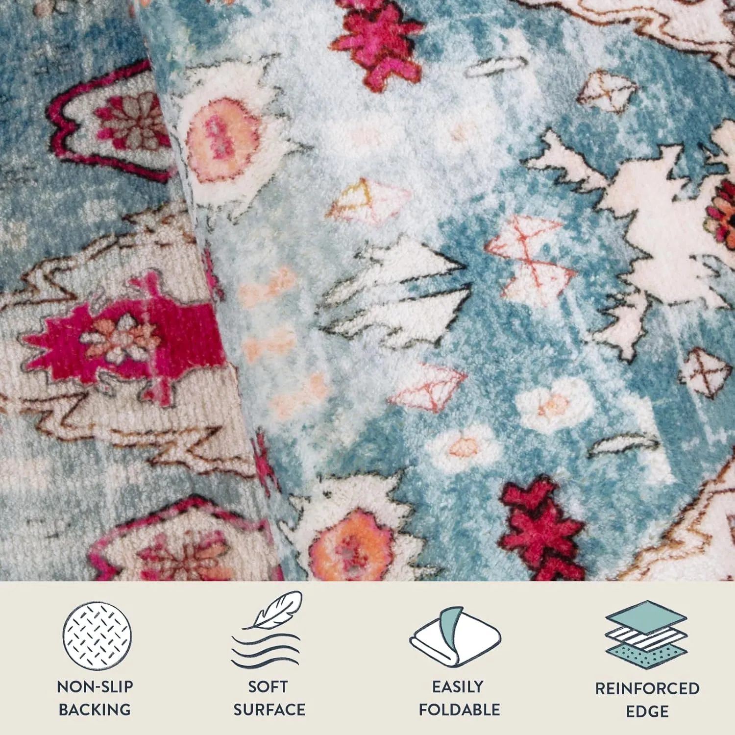 Lahome Boho Tribal Area Rug - 5x7 Aqua Large Rugs for Bedroom Washable Rug for Living Room, Distressed Soft Non Slip Indoor Throw Dining Room Carpet for Apartment Coffee Table Sunroom Office