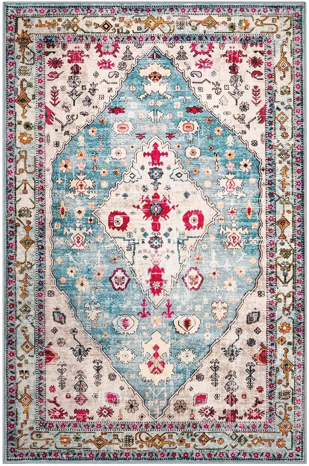 Lahome Boho Tribal Area Rug - 5x7 Aqua Large Rugs for Bedroom Washable Rug for Living Room, Distressed Soft Non Slip Indoor Throw Dining Room Carpet for Apartment Coffee Table Sunroom Office
