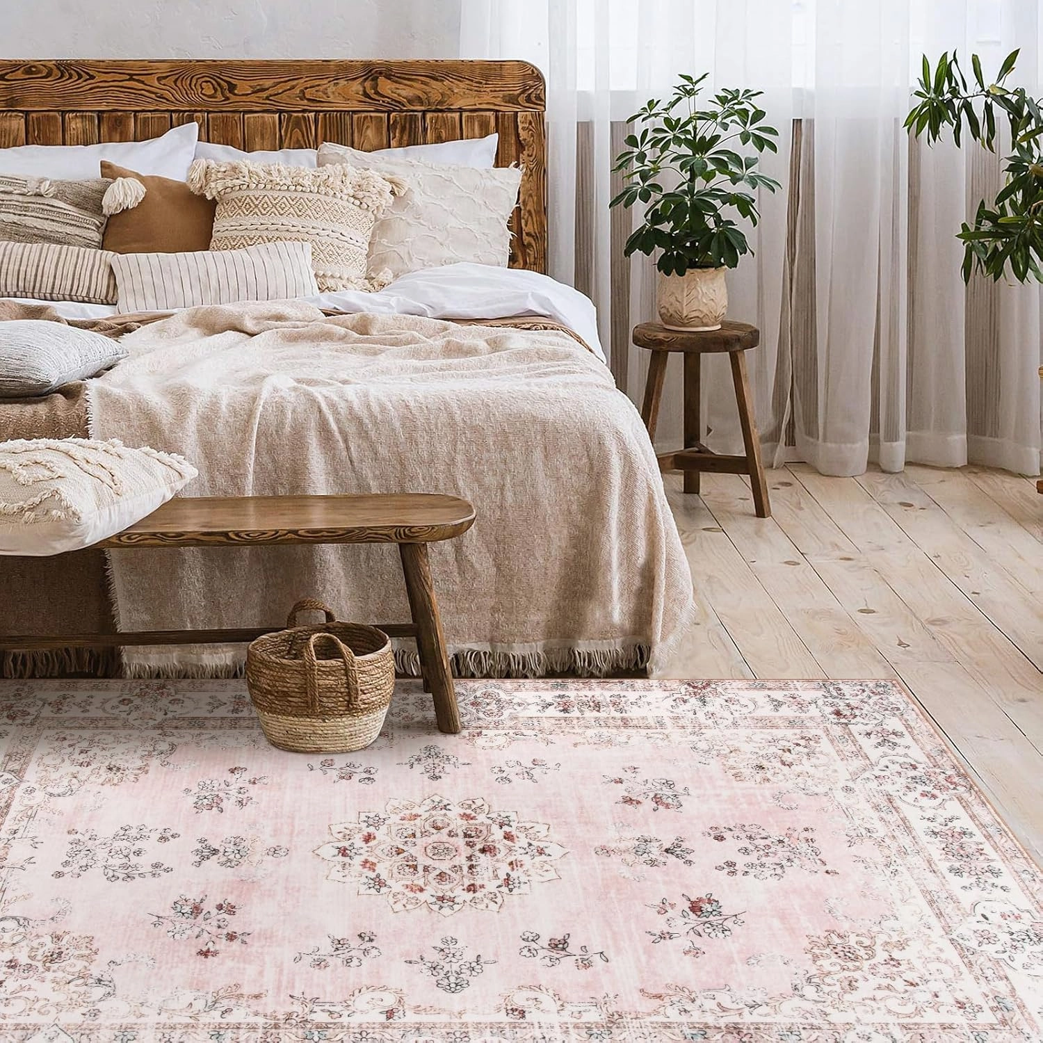 Lahome Boho Machine Washable Area Rug 4x6,Soft Floral Pink Rug for Nurser, Girl and Kids,Ultra-Thin Non-Slip Carpet for Bedroom Living Room Dining Room Laundry Indoor Floor Home Decor
