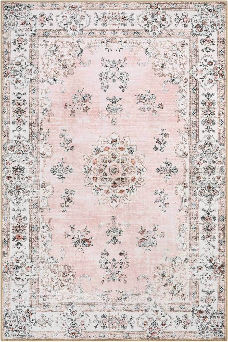 Lahome Boho Machine Washable Area Rug 4x6,Soft Floral Pink Rug for Nurser, Girl and Kids,Ultra-Thin Non-Slip Carpet for Bedroom Living Room Dining Room Laundry Indoor Floor Home Decor
