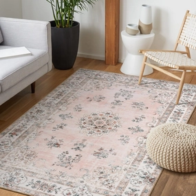Lahome Boho Machine Washable Area Rug 4x6,Soft Floral Pink Rug for Nurser, Girl and Kids,Ultra-Thin Non-Slip Carpet for Bedroom Living Room Dining Room Laundry Indoor Floor Home Decor