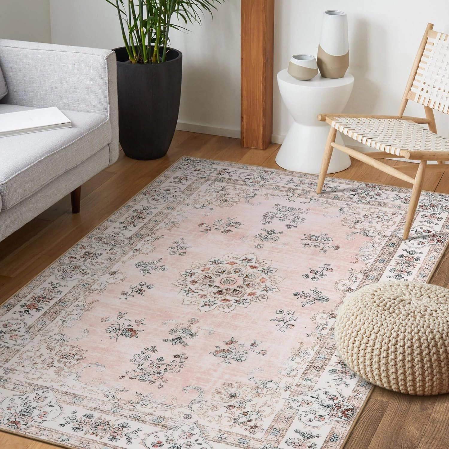 Lahome Boho Machine Washable Area Rug 4x6,Soft Floral Pink Rug for Nurser, Girl and Kids,Ultra-Thin Non-Slip Carpet for Bedroom Living Room Dining Room Laundry Indoor Floor Home Decor