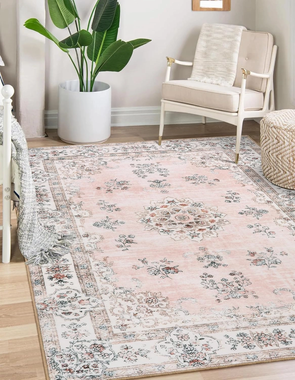 Lahome Boho Machine Washable Area Rug 4x6,Soft Floral Pink Rug for Nurser, Girl and Kids,Ultra-Thin Non-Slip Carpet for Bedroom Living Room Dining Room Laundry Indoor Floor Home Decor