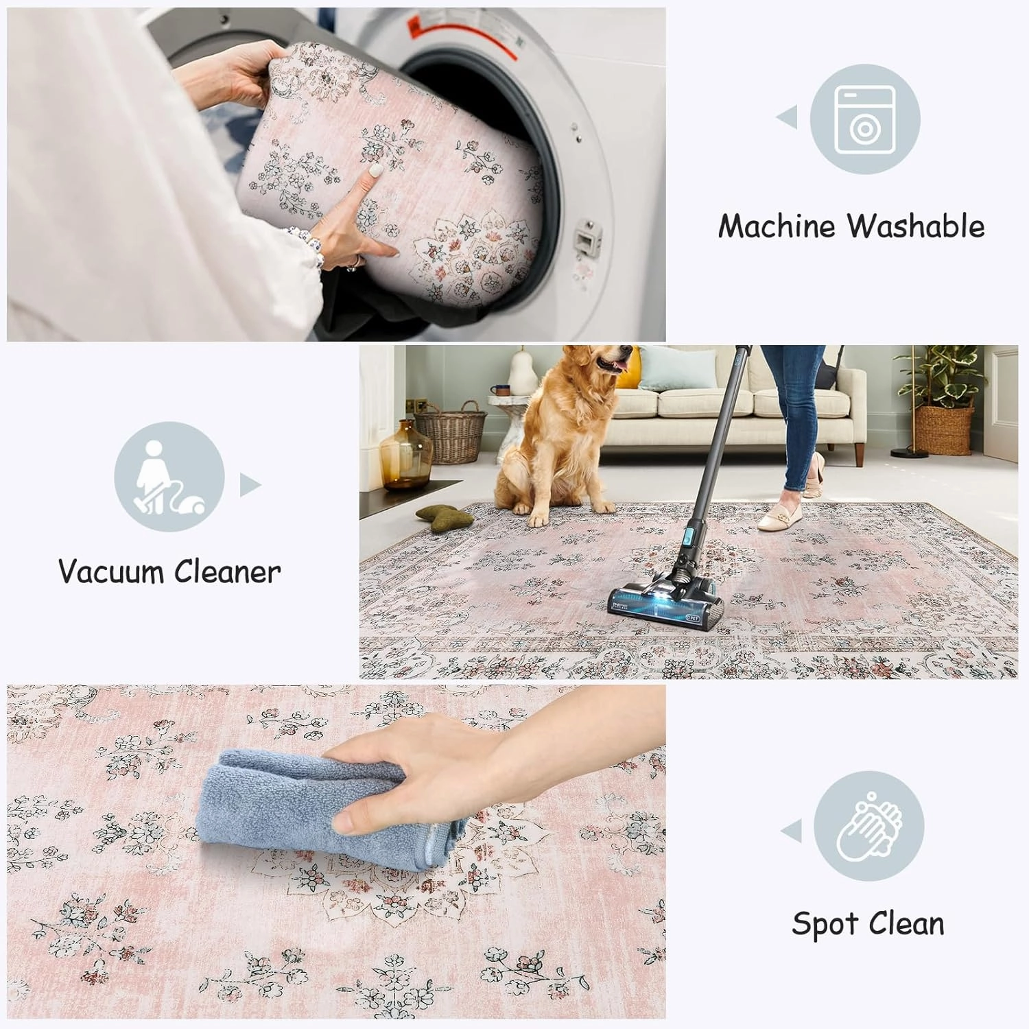 Lahome Boho Machine Washable Area Rug 4x6,Soft Floral Pink Rug for Nurser, Girl and Kids,Ultra-Thin Non-Slip Carpet for Bedroom Living Room Dining Room Laundry Indoor Floor Home Decor