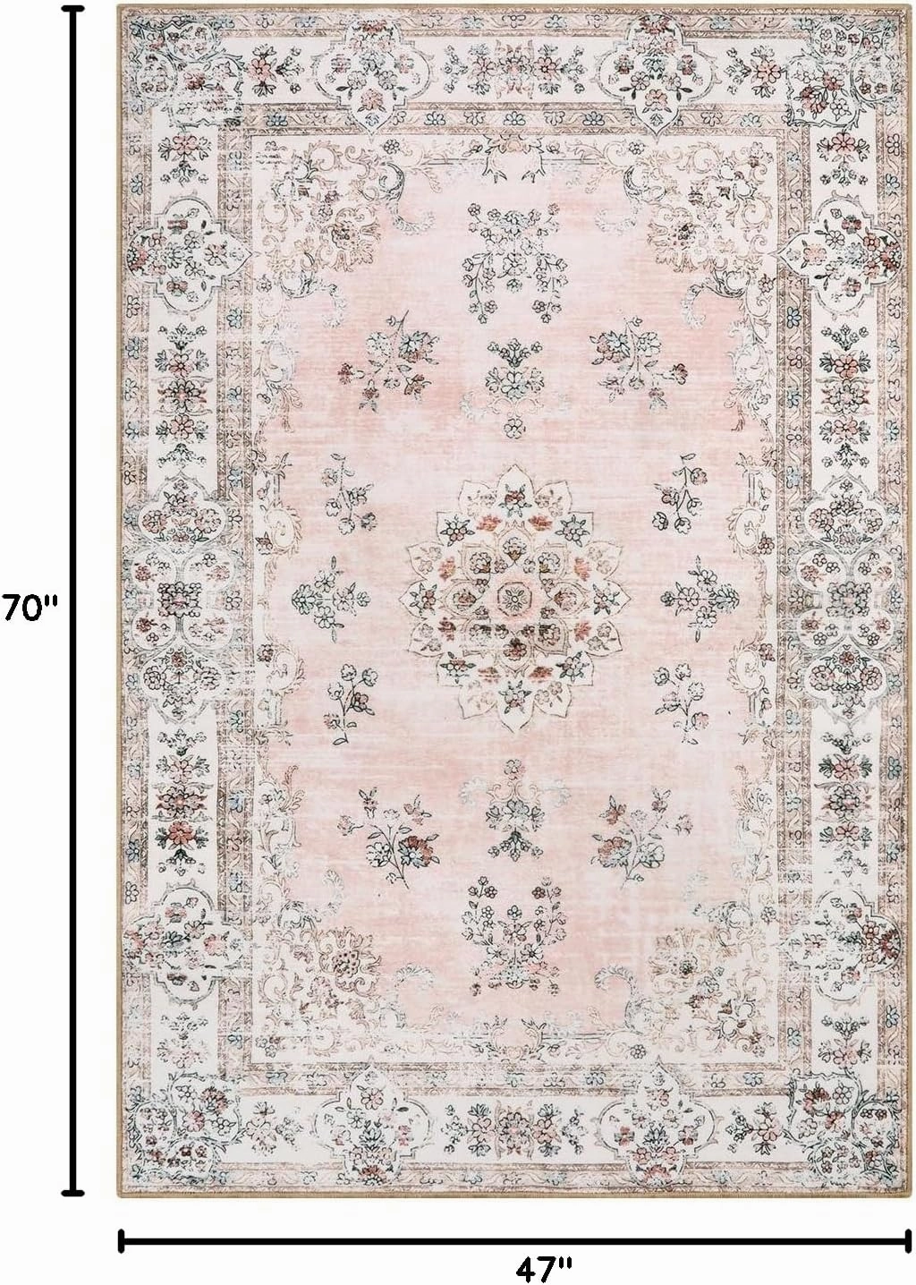 Lahome Boho Machine Washable Area Rug 4x6,Soft Floral Pink Rug for Nurser, Girl and Kids,Ultra-Thin Non-Slip Carpet for Bedroom Living Room Dining Room Laundry Indoor Floor Home Decor