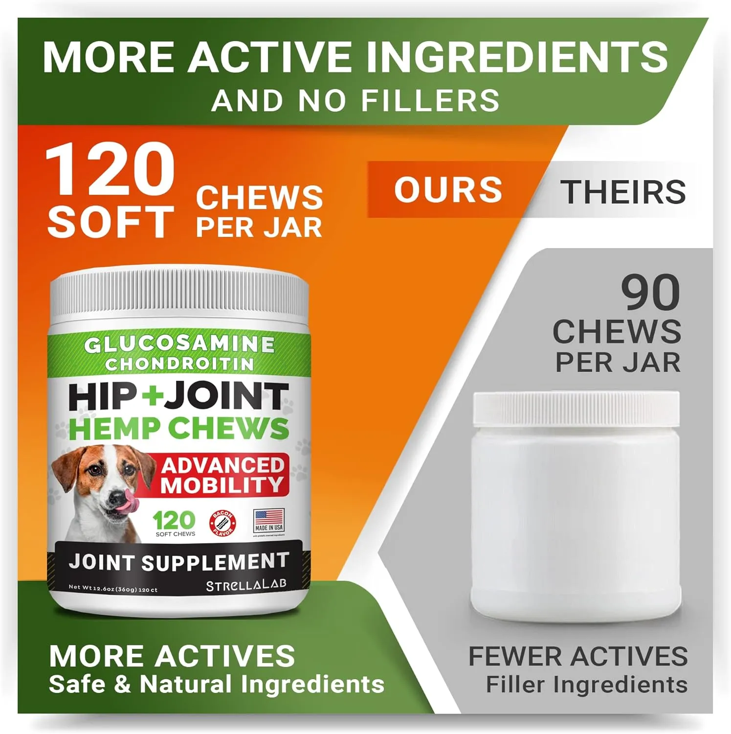 Large Breed Hemp   Glucosamine Dog Joint Supplement - Hemp Chews for Dogs Hip Joint Pain Relief - Omega 3, Chondroitin, MSM - Advanced Mobility Hemp Oil Treats for Large Dogs - Made in USA - 240 Ct