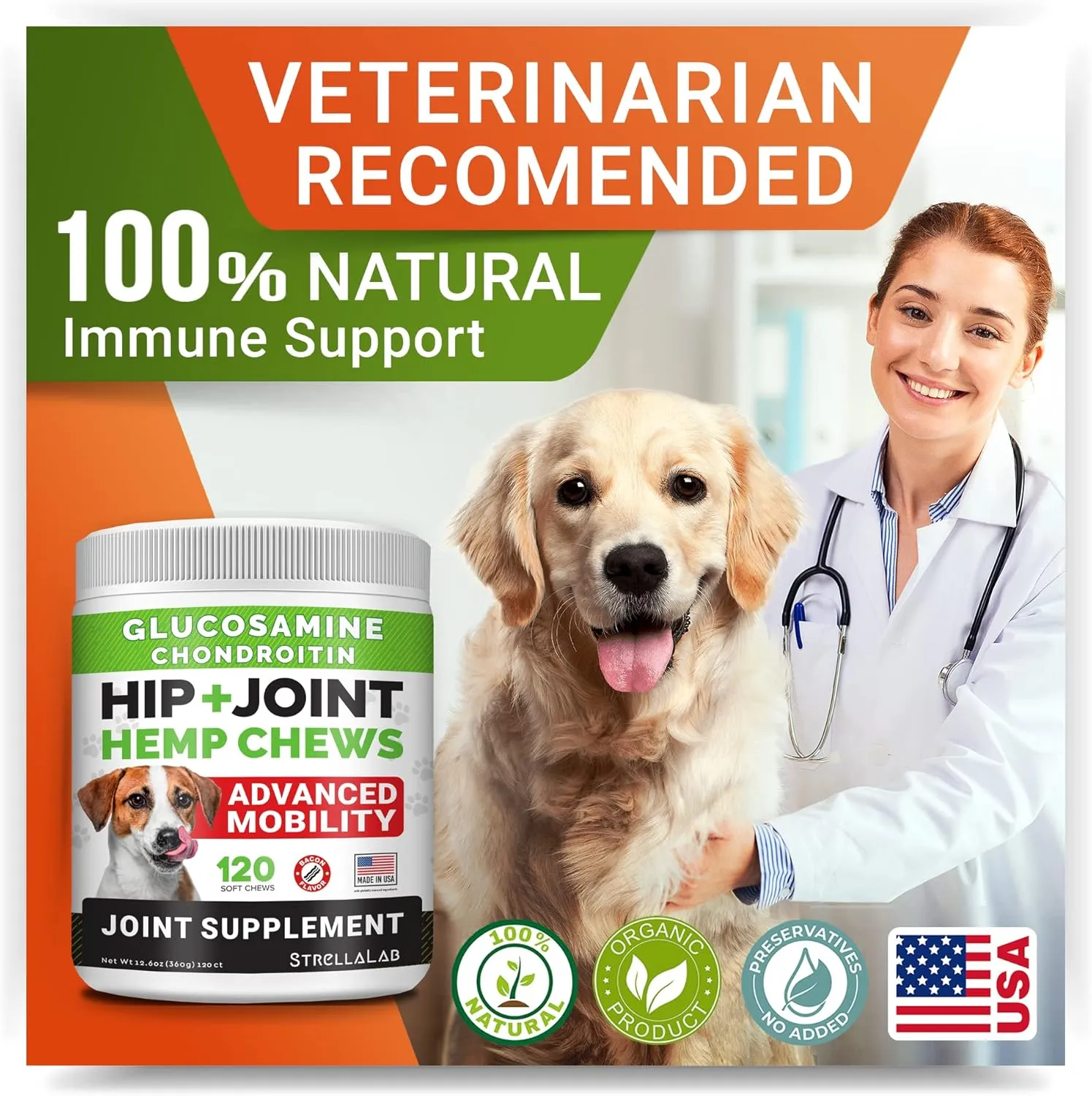 Large Breed Hemp   Glucosamine Dog Joint Supplement - Hemp Chews for Dogs Hip Joint Pain Relief - Omega 3, Chondroitin, MSM - Advanced Mobility Hemp Oil Treats for Large Dogs - Made in USA - 240 Ct
