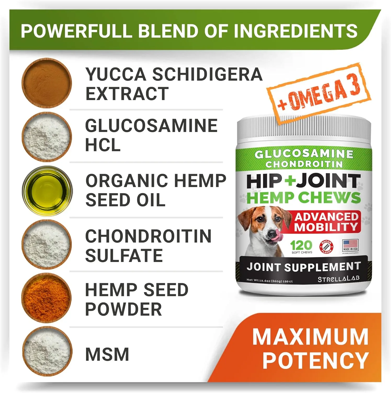 Large Breed Hemp   Glucosamine Dog Joint Supplement - Hemp Chews for Dogs Hip Joint Pain Relief - Omega 3, Chondroitin, MSM - Advanced Mobility Hemp Oil Treats for Large Dogs - Made in USA - 240 Ct