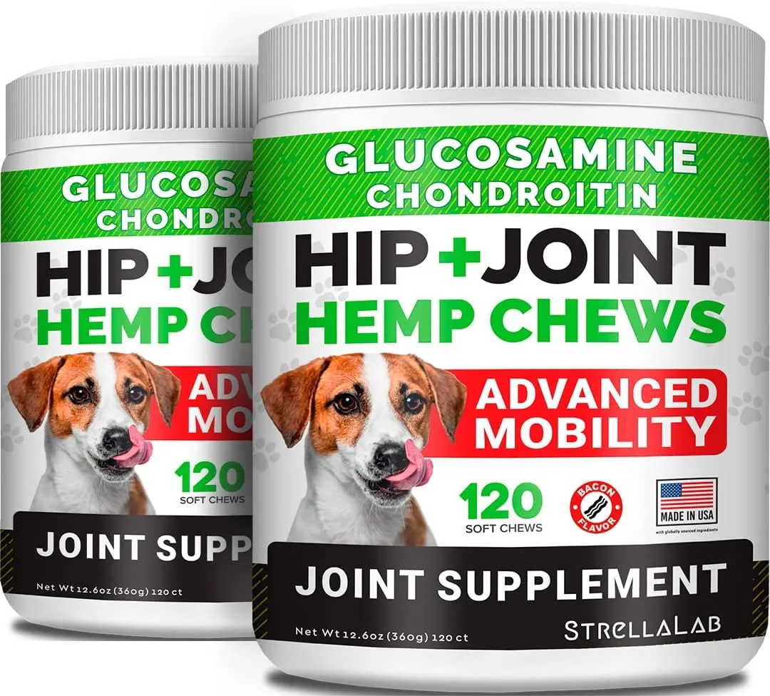 Large Breed Hemp   Glucosamine Dog Joint Supplement - Hemp Chews for Dogs Hip Joint Pain Relief - Omega 3, Chondroitin, MSM - Advanced Mobility Hemp Oil Treats for Large Dogs - Made in USA - 240 Ct