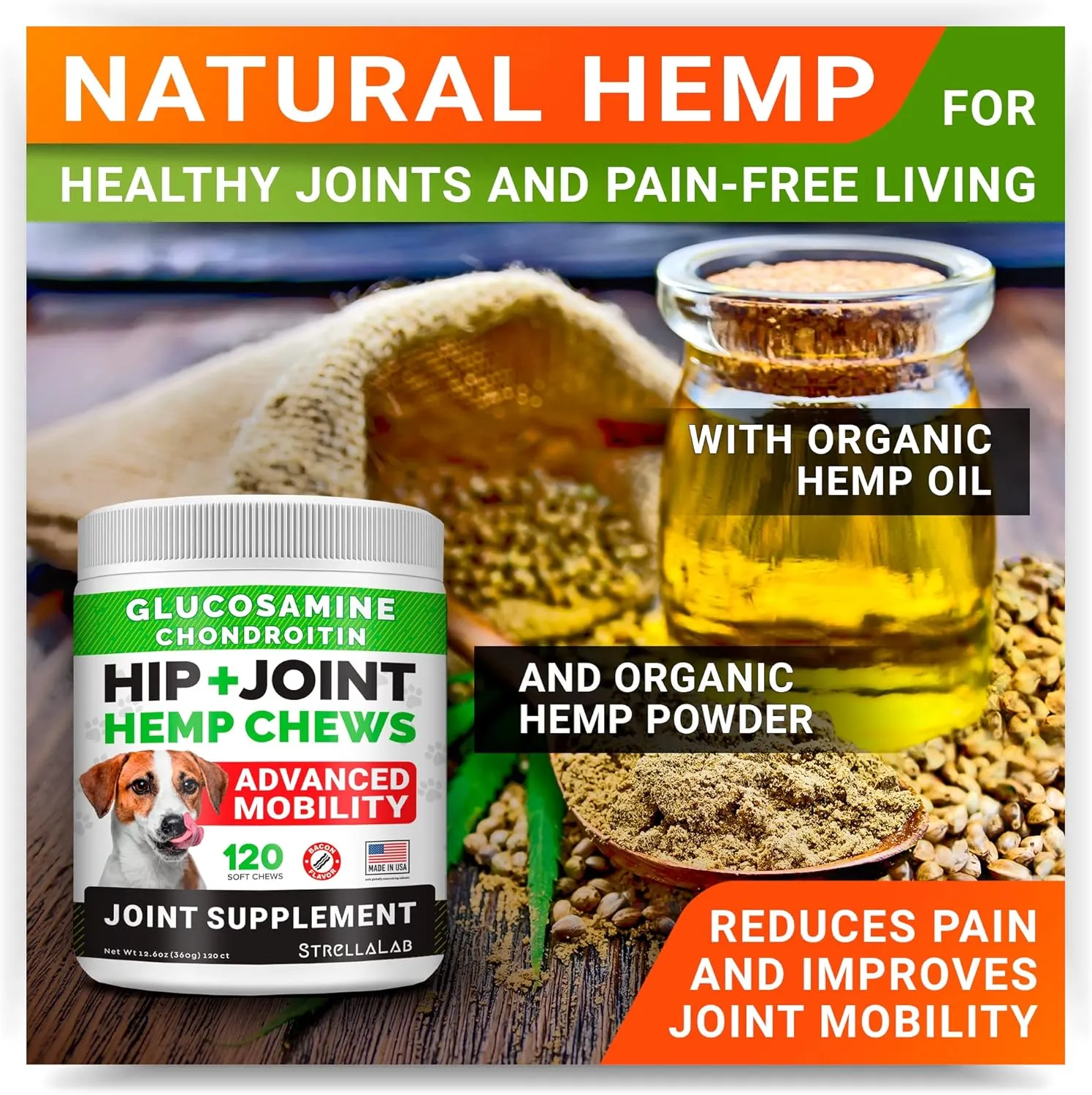 Large Breed Hemp   Glucosamine Dog Joint Supplement - Hemp Chews for Dogs Hip Joint Pain Relief - Omega 3, Chondroitin, MSM - Advanced Mobility Hemp Oil Treats for Large Dogs - Made in USA - 240 Ct