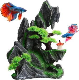 Large Fish Tank Decorations, Mountain View Stone Aquarium Ornament, 13inch Aquarium Rockery with Tree Fish Hiding Cave for Aquatic Fish Cichlid to Play, Hide and Rest