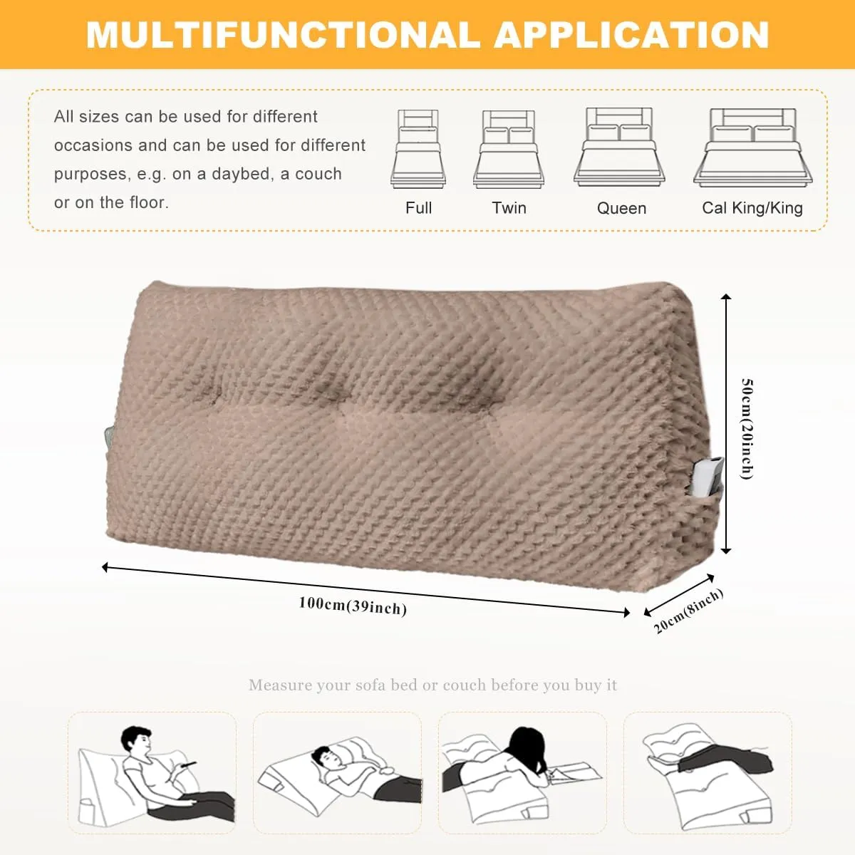 Large Triangular Headboard Wedge Pillow Soft and Supportive Headboard Backrest Positioning Support Bolster Cushion, Bed Wedge Pillow with Removable Cover(Brown,Twin,39x8x20inch)