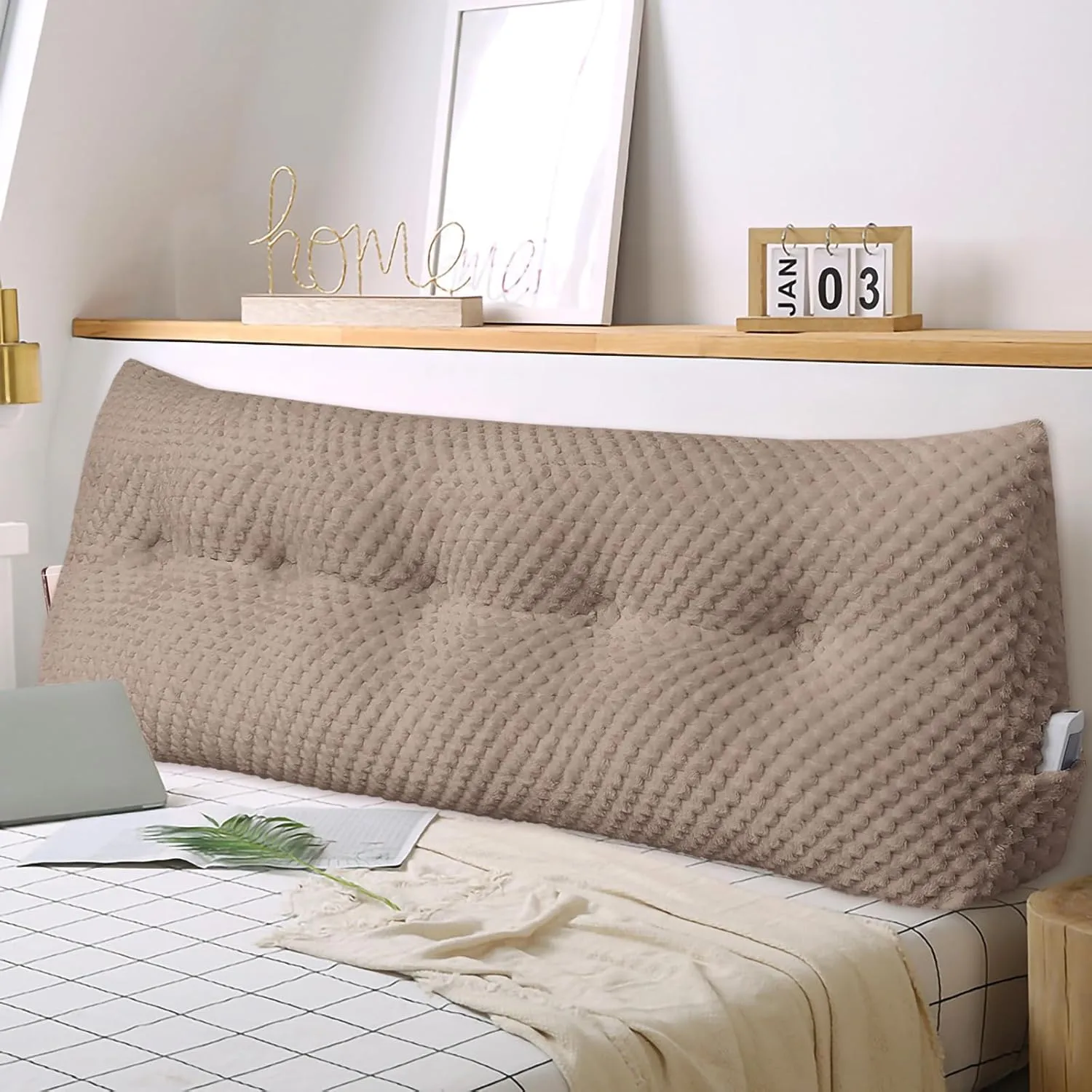 Large Triangular Headboard Wedge Pillow Soft and Supportive Headboard Backrest Positioning Support Bolster Cushion, Bed Wedge Pillow with Removable Cover(Brown,Twin,39x8x20inch)