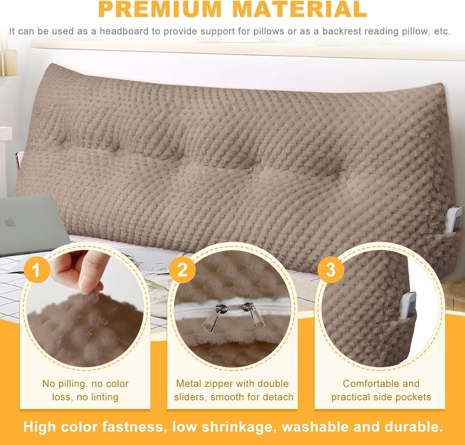 Large Triangular Headboard Wedge Pillow Soft and Supportive Headboard Backrest Positioning Support Bolster Cushion, Bed Wedge Pillow with Removable Cover(Brown,Twin,39x8x20inch)
