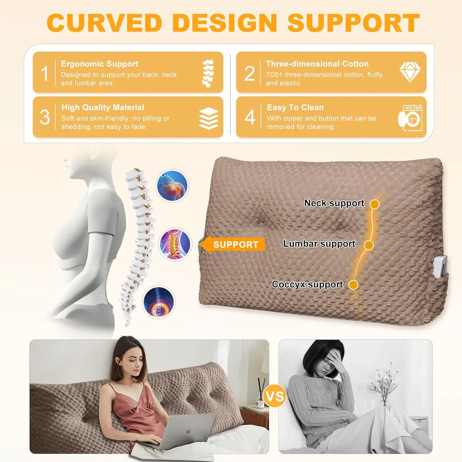 Large Triangular Headboard Wedge Pillow Soft and Supportive Headboard Backrest Positioning Support Bolster Cushion, Bed Wedge Pillow with Removable Cover(Brown,Twin,39x8x20inch)