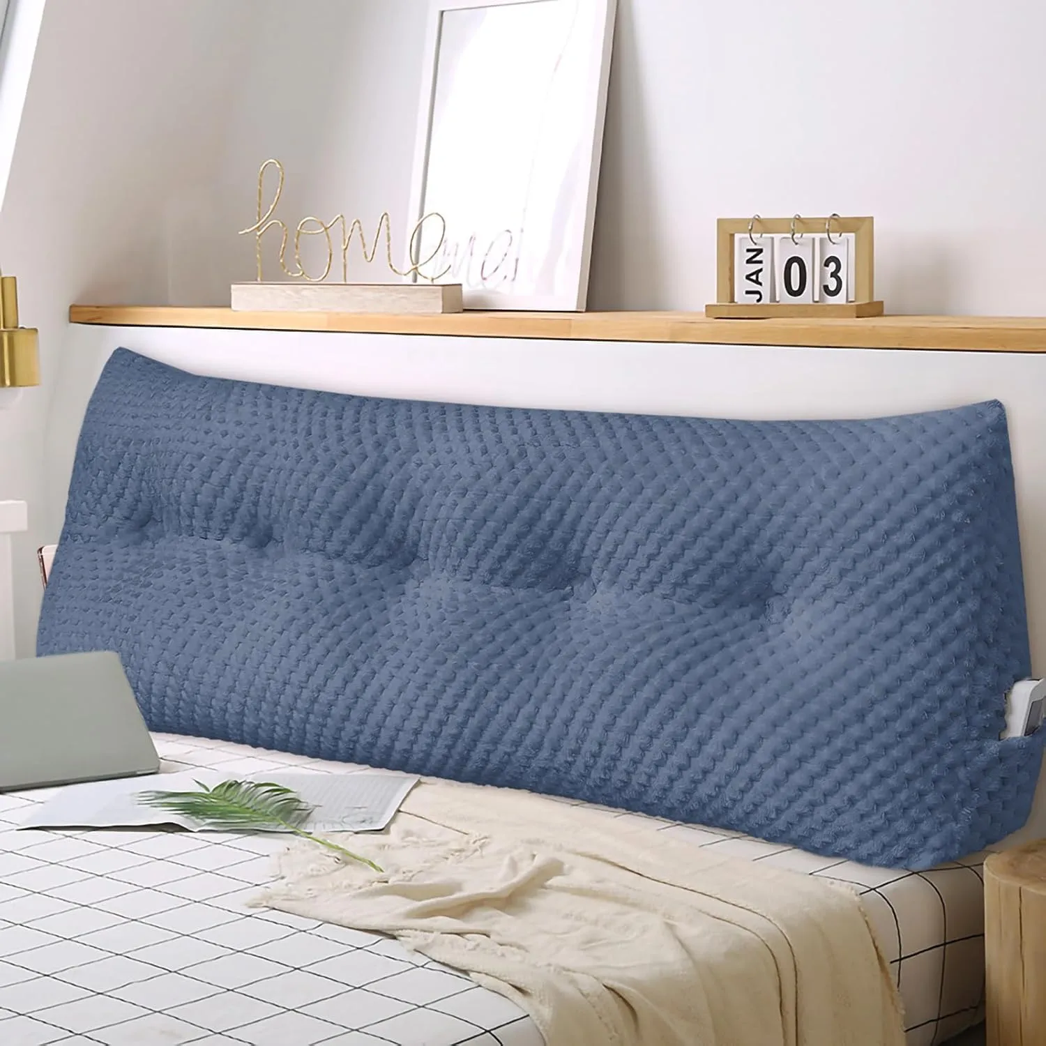Large Triangular Headboard Wedge Pillow Soft and Supportive Headboard Backrest Positioning Support Bolster Cushion, Bed Wedge Pillow with Removable Cover(Dark Blue,Dorm,24x8x20inch)