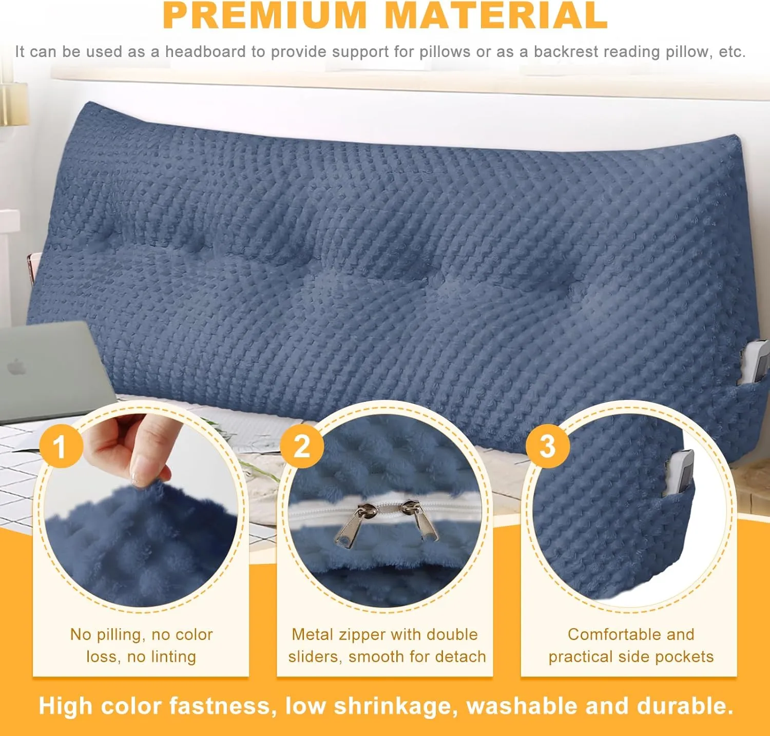 Large Triangular Headboard Wedge Pillow Soft and Supportive Headboard Backrest Positioning Support Bolster Cushion, Bed Wedge Pillow with Removable Cover(Dark Blue,Dorm,24x8x20inch)