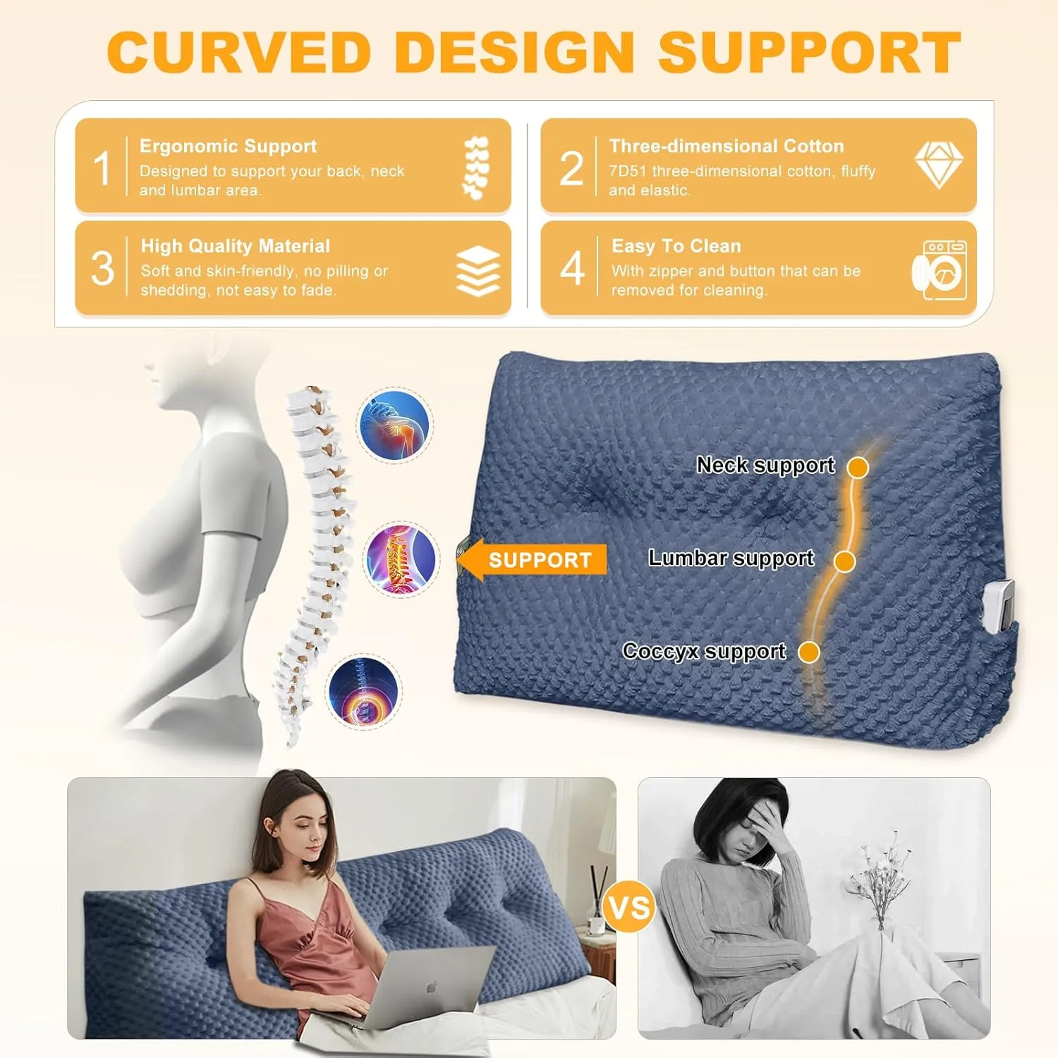 Large Triangular Headboard Wedge Pillow Soft and Supportive Headboard Backrest Positioning Support Bolster Cushion, Bed Wedge Pillow with Removable Cover(Dark Blue,Dorm,24x8x20inch)
