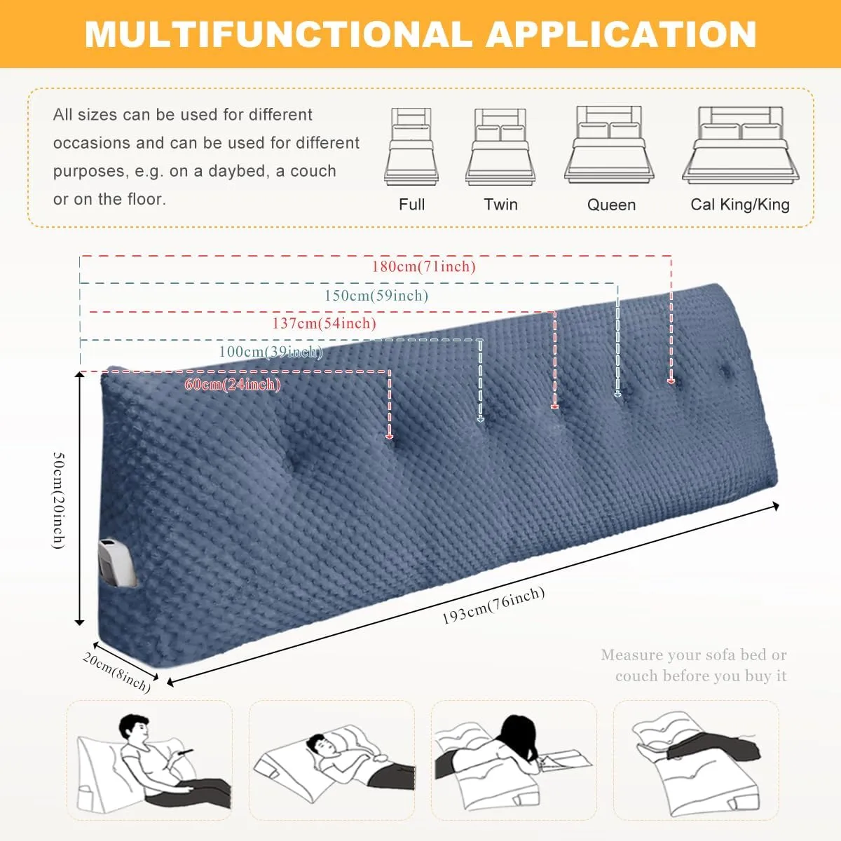 Large Triangular Headboard Wedge Pillow Soft and Supportive Headboard Backrest Positioning Support Bolster Cushion, Bed Wedge Pillow with Removable Cover(Dark Blue,Dorm,24x8x20inch)