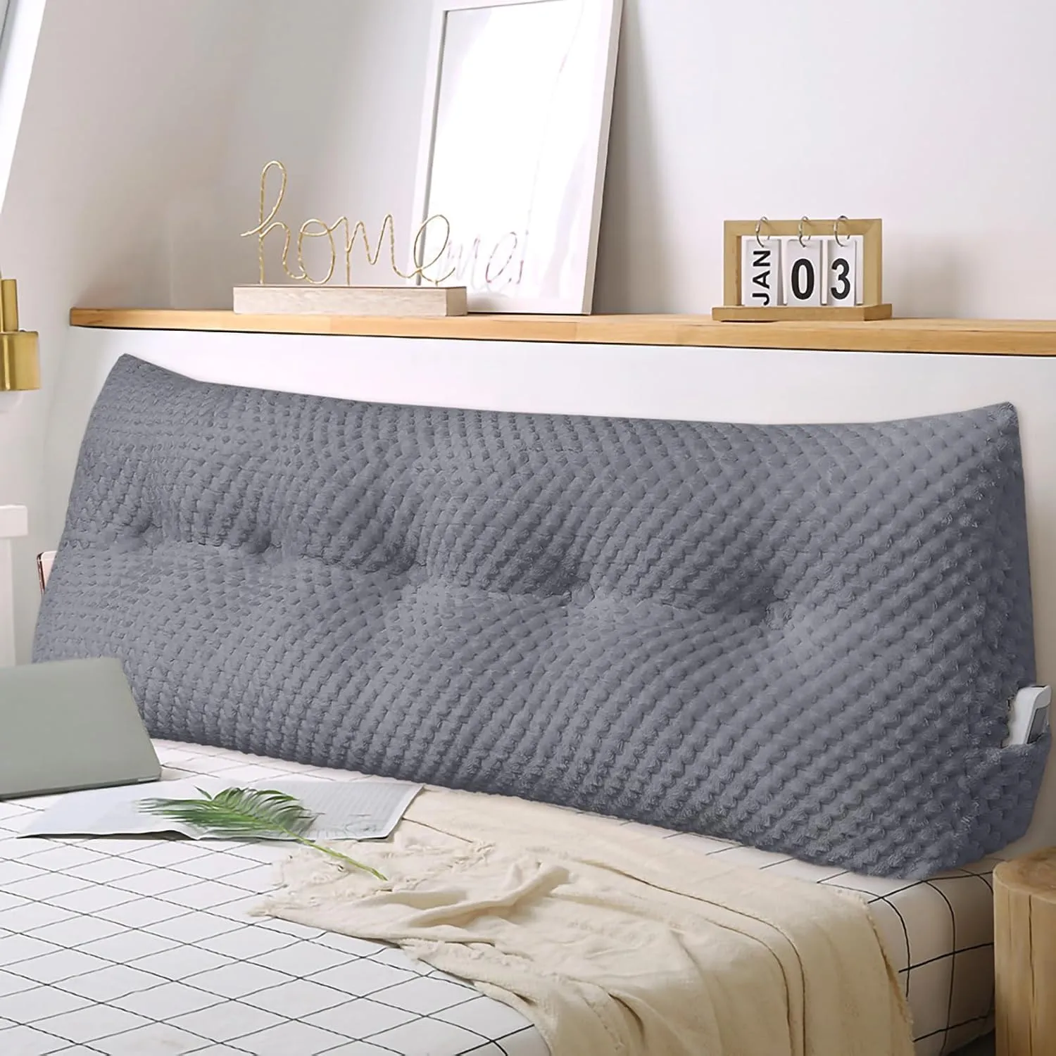 Large Triangular Headboard Wedge Pillow Soft and Supportive Headboard Backrest Positioning Support Bolster Cushion, Bed Wedge Pillow with Removable Cover(Dark Gray,Queen,59x8x20inch)