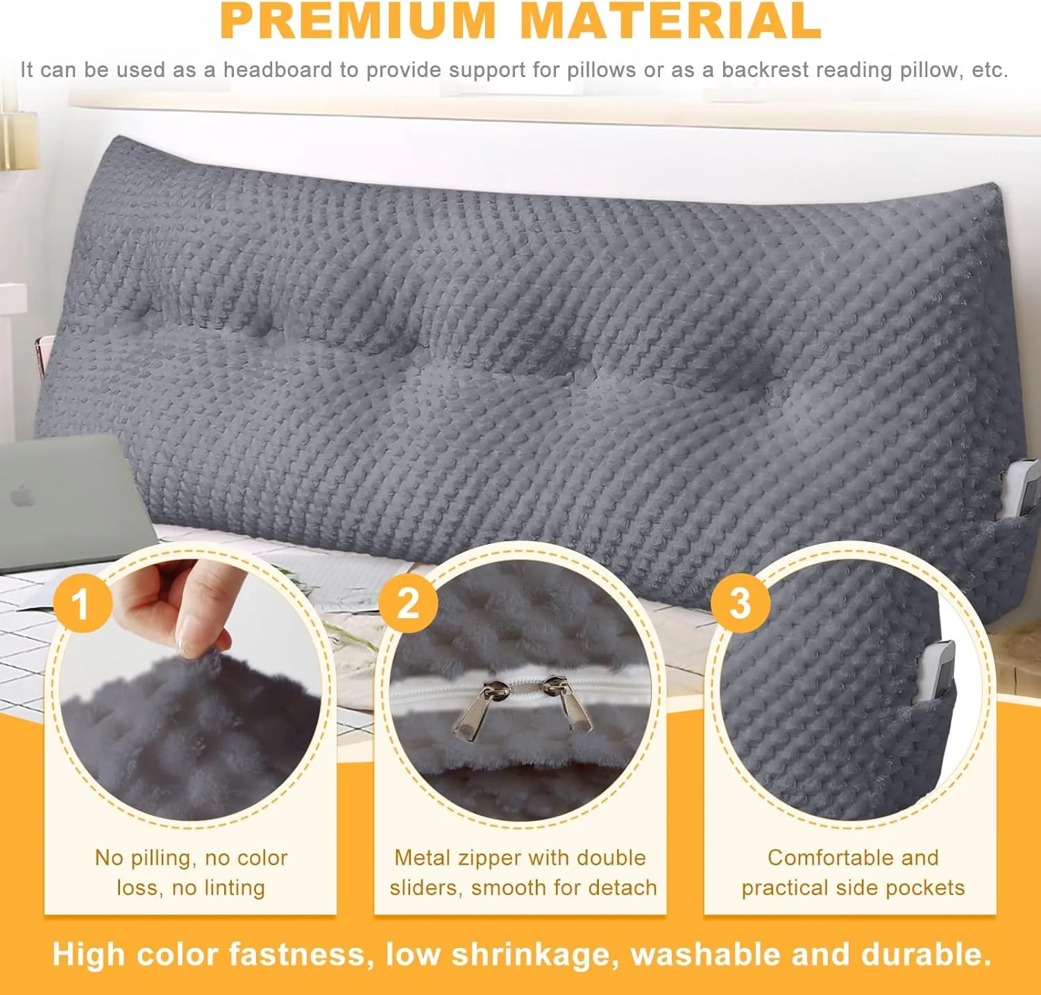 Large Triangular Headboard Wedge Pillow Soft and Supportive Headboard Backrest Positioning Support Bolster Cushion, Bed Wedge Pillow with Removable Cover(Dark Gray,Queen,59x8x20inch)