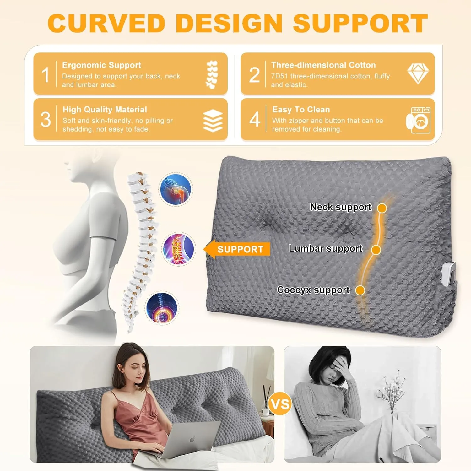 Large Triangular Headboard Wedge Pillow Soft and Supportive Headboard Backrest Positioning Support Bolster Cushion, Bed Wedge Pillow with Removable Cover(Dark Gray,Queen,59x8x20inch)