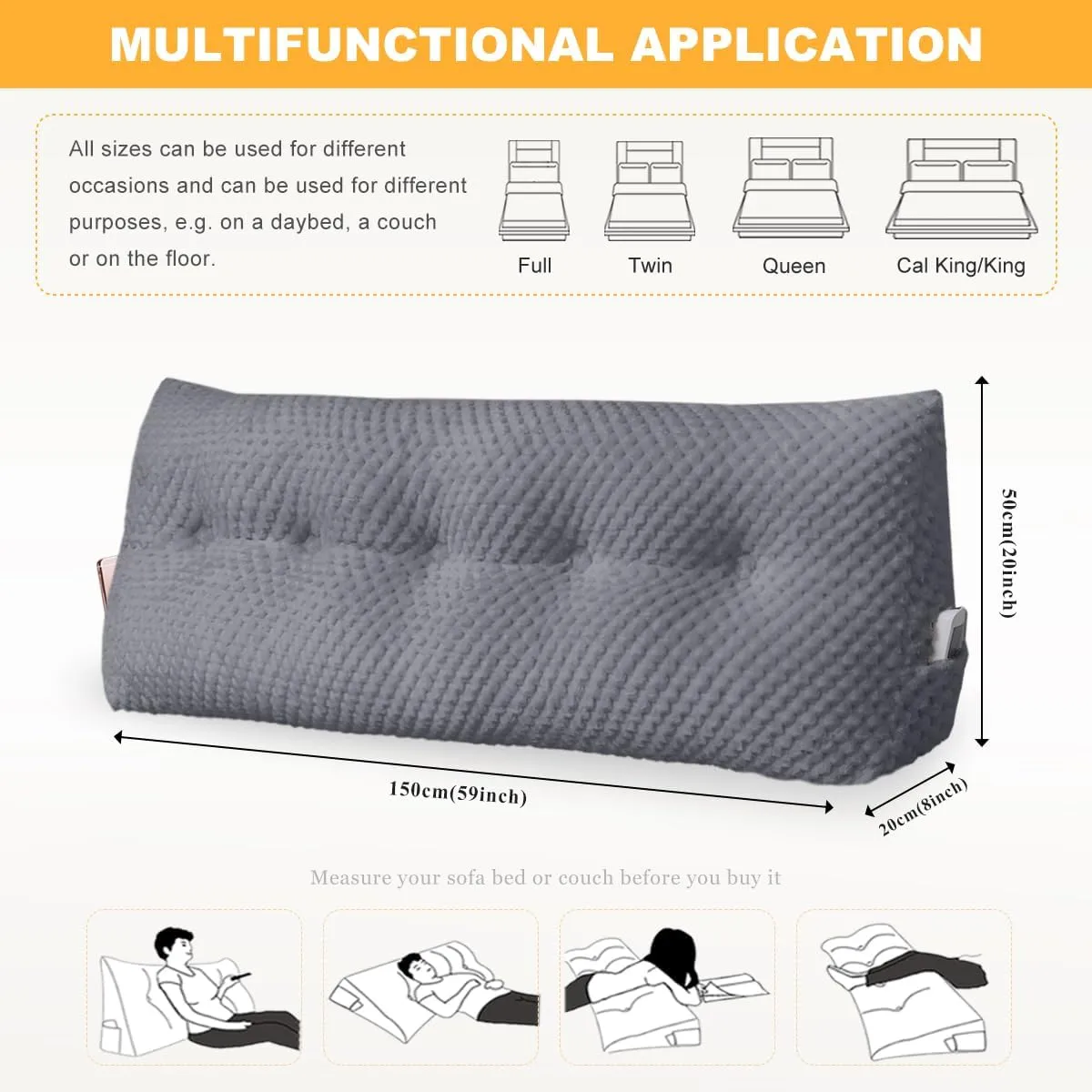 Large Triangular Headboard Wedge Pillow Soft and Supportive Headboard Backrest Positioning Support Bolster Cushion, Bed Wedge Pillow with Removable Cover(Dark Gray,Queen,59x8x20inch)