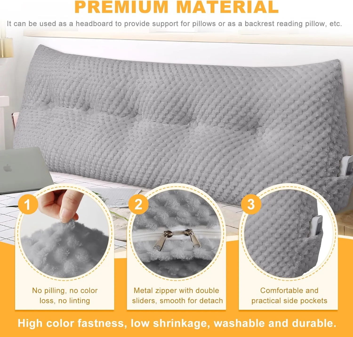 Large Triangular Headboard Wedge Pillow Soft and Supportive Headboard Backrest Positioning Support Bolster Cushion, Bed Wedge Pillow with Removable Cover(Light Gray,Queen,59x8x20inch)