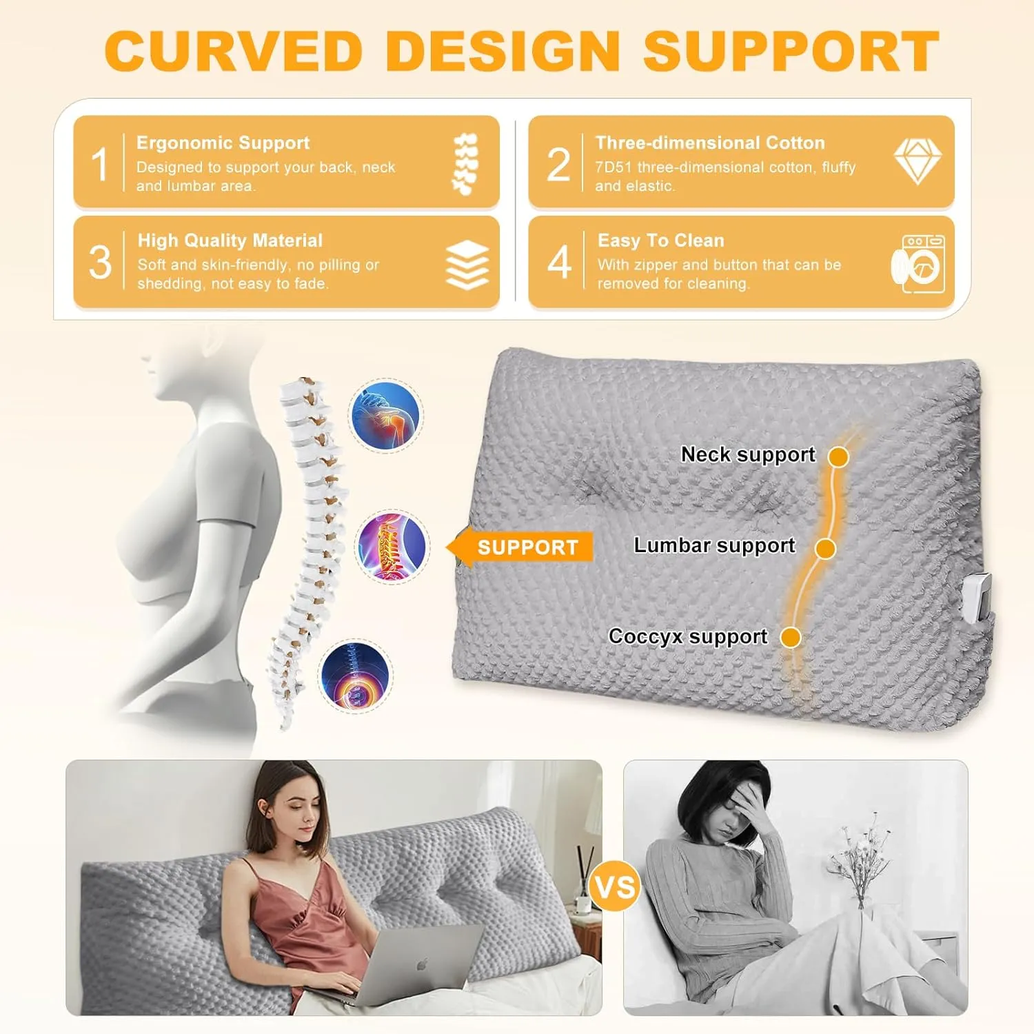 Large Triangular Headboard Wedge Pillow Soft and Supportive Headboard Backrest Positioning Support Bolster Cushion, Bed Wedge Pillow with Removable Cover(Light Gray,Queen,59x8x20inch)