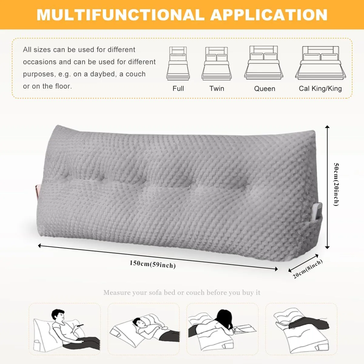 Large Triangular Headboard Wedge Pillow Soft and Supportive Headboard Backrest Positioning Support Bolster Cushion, Bed Wedge Pillow with Removable Cover(Light Gray,Queen,59x8x20inch)