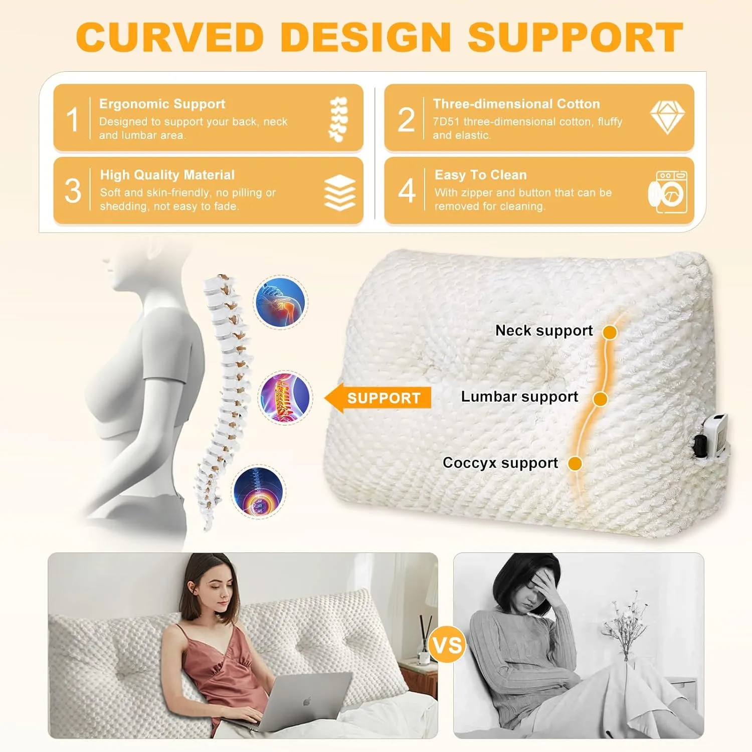 Large Triangular Headboard Wedge Pillow Soft and Supportive Headboard Backrest Positioning Support Bolster Cushion, Bed Wedge Pillow with Removable Cover(White,Queen,59x8x20inch)